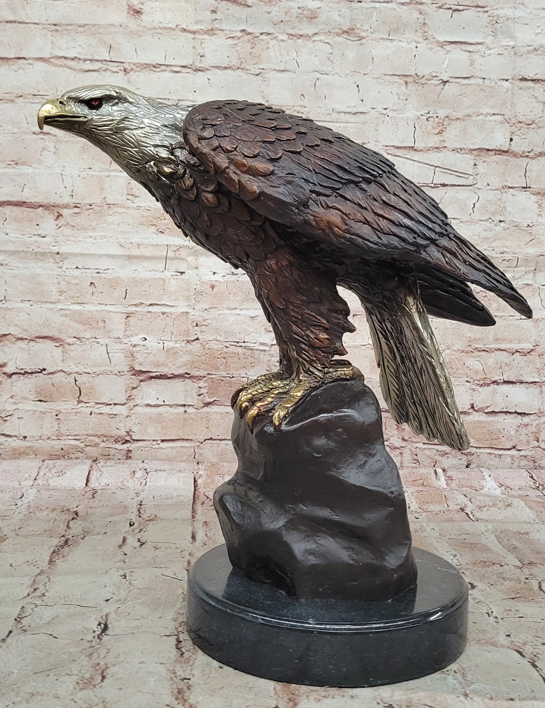 Detailed Bronze Bald Eagle Sculpture; Moigniez Signature Bird Piece