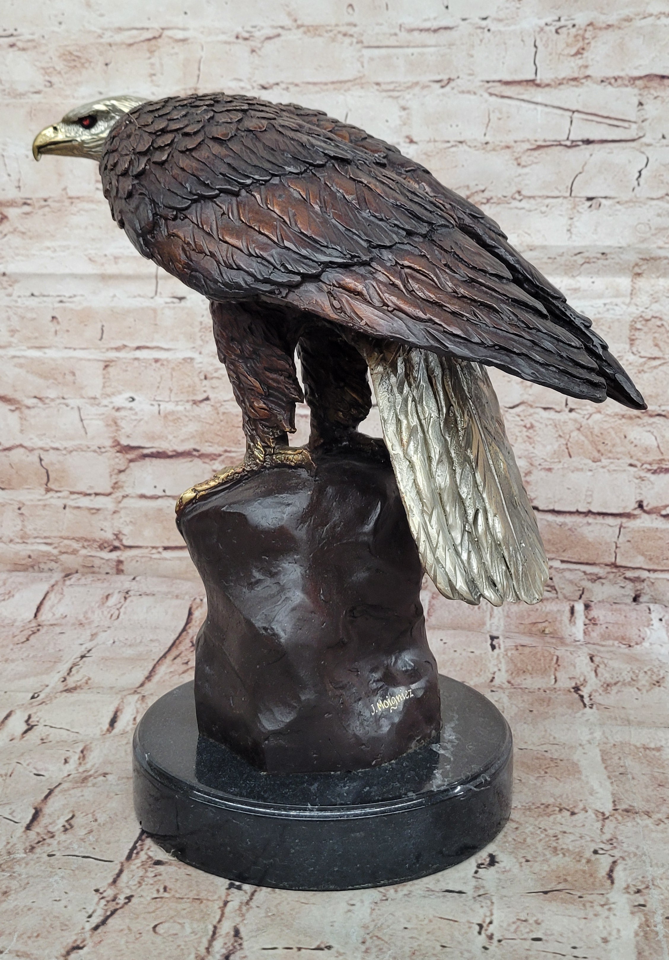 Detailed Bronze Bald Eagle Sculpture; Moigniez Signature Bird Piece