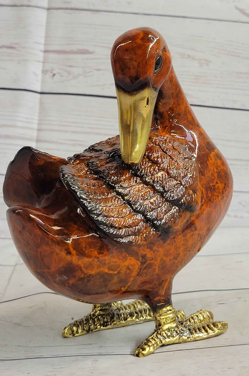Real Bronze Metal Duck Painted Bird Cast Sculpture Statue Figurine 7" x 6"