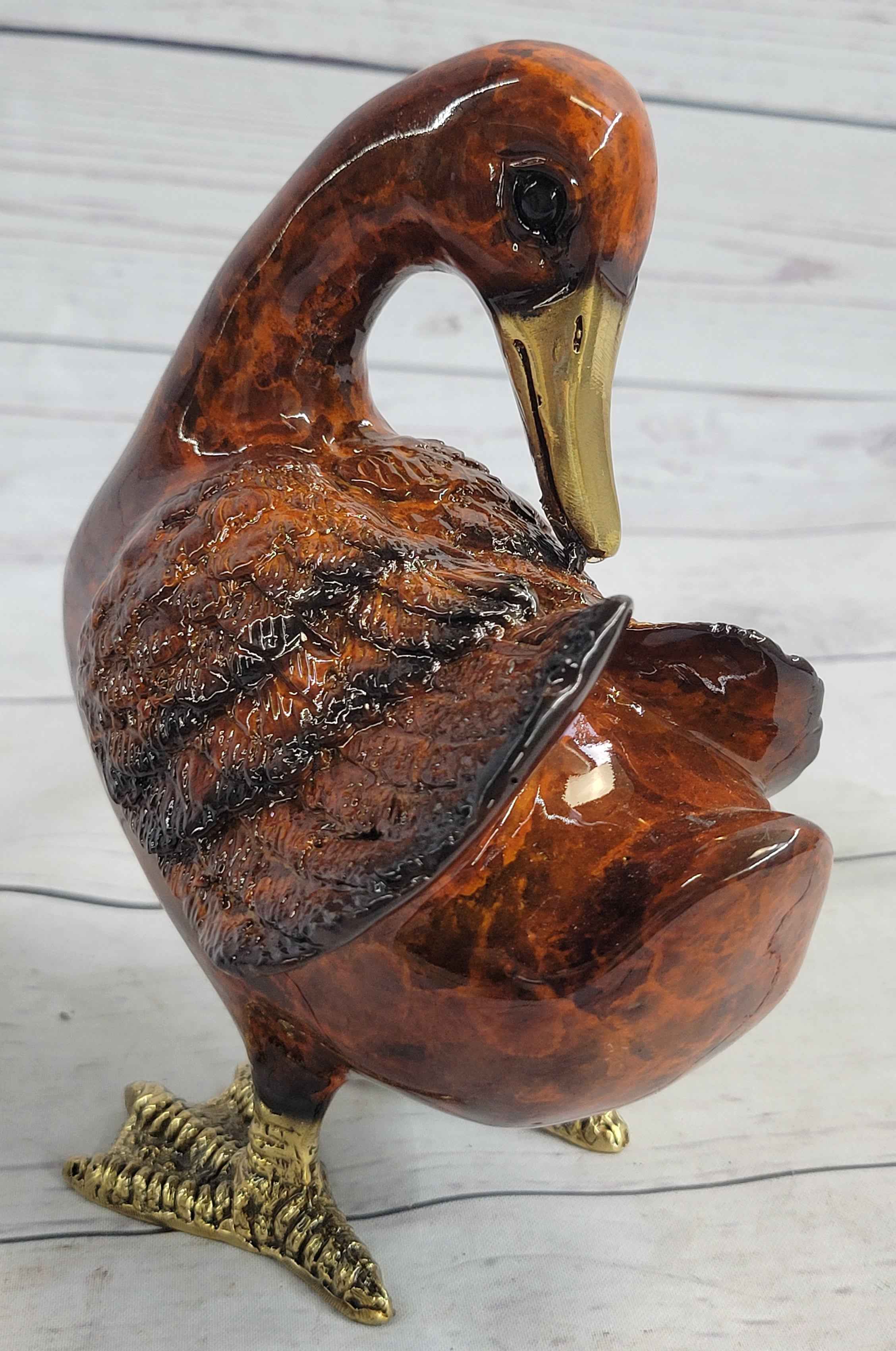Real Bronze Metal Duck Painted Bird Cast Sculpture Statue Figurine 7" x 6"