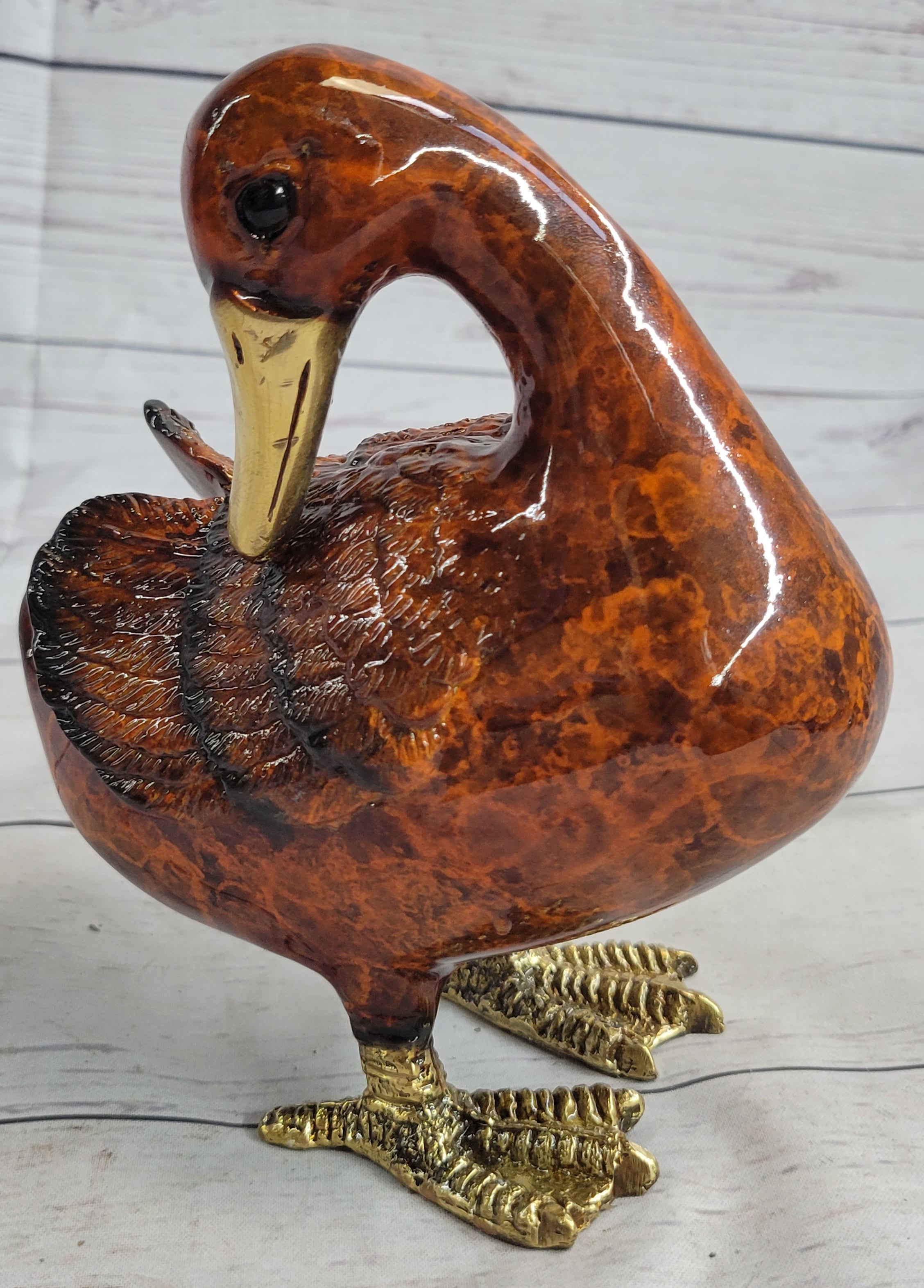 Real Bronze Metal Duck Painted Bird Cast Sculpture Statue Figurine 7" x 6"