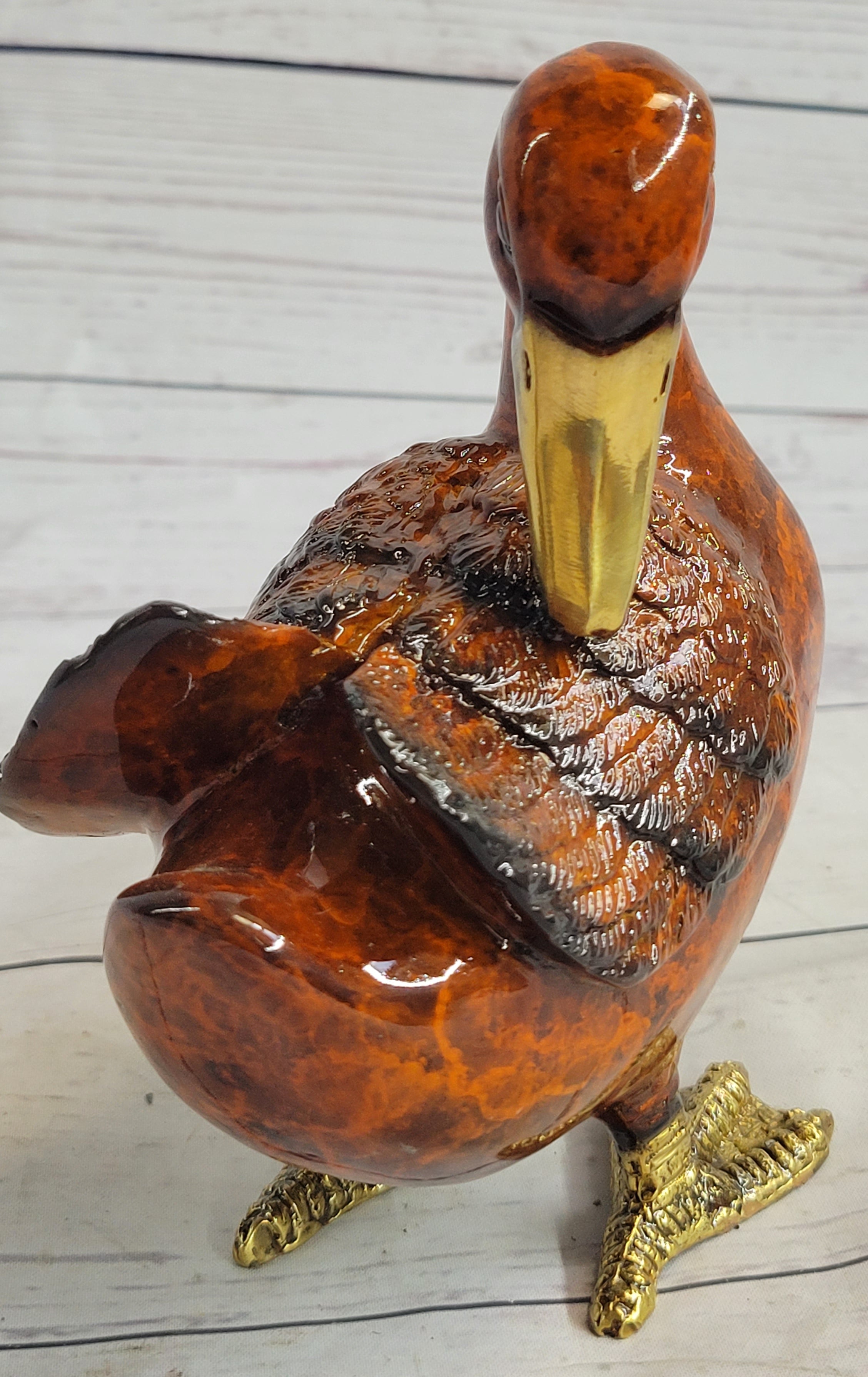 Real Bronze Metal Duck Painted Bird Cast Sculpture Statue Figurine 7" x 6"