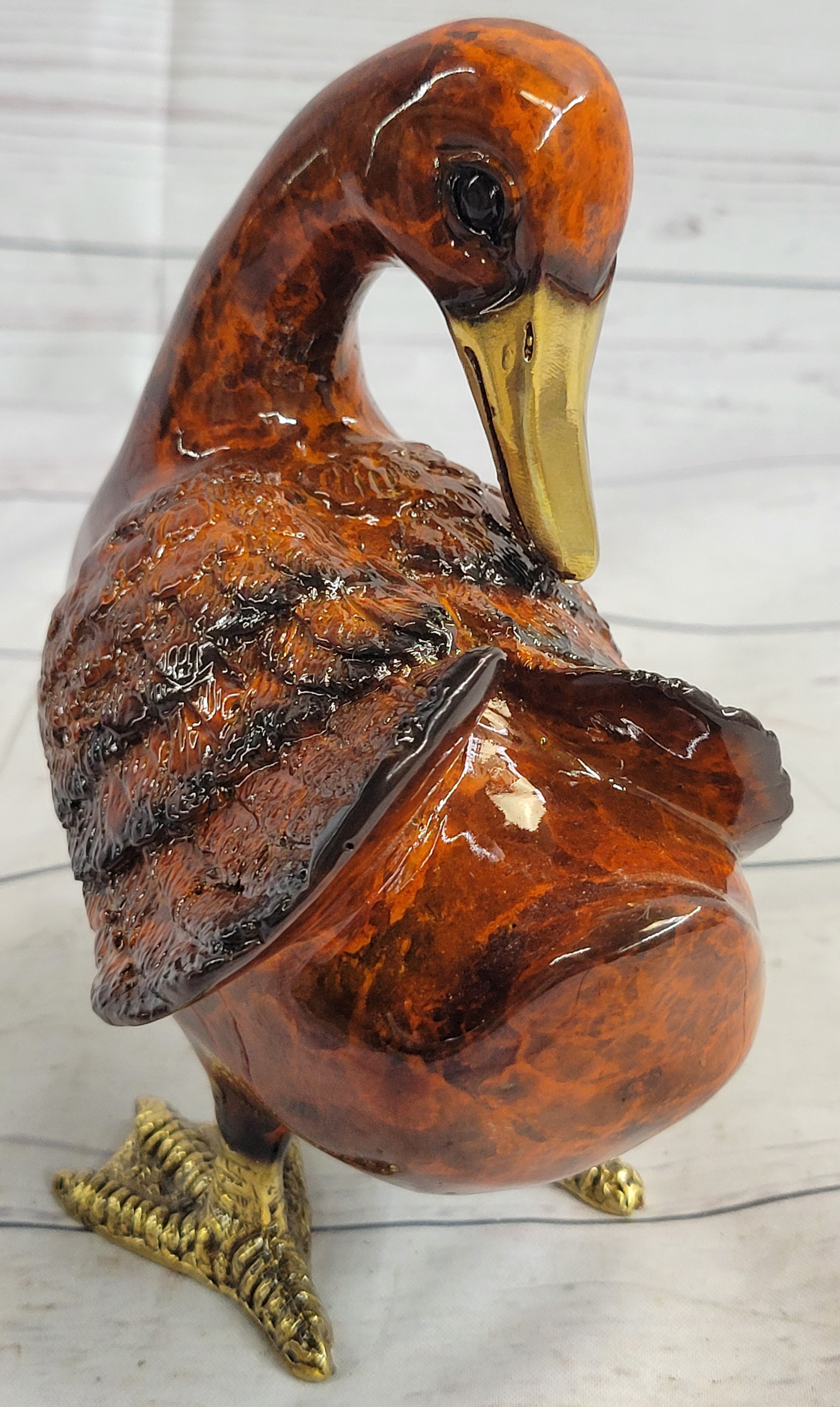 Real Bronze Metal Duck Painted Bird Cast Sculpture Statue Figurine 7" x 6"