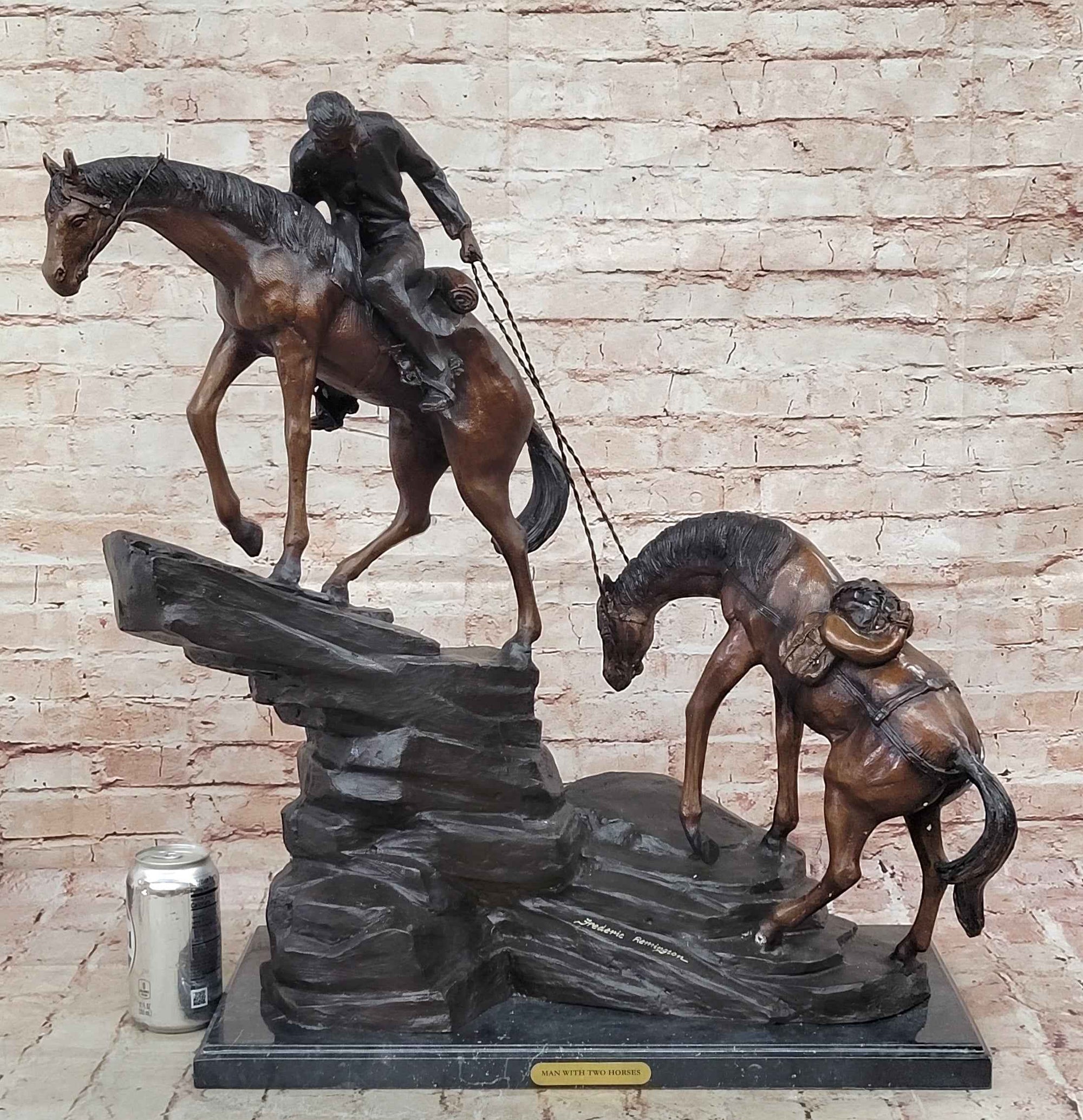Frederic Remington Cowboy & Two Horses Western Bronze Statue Sculpture 26" x 28"