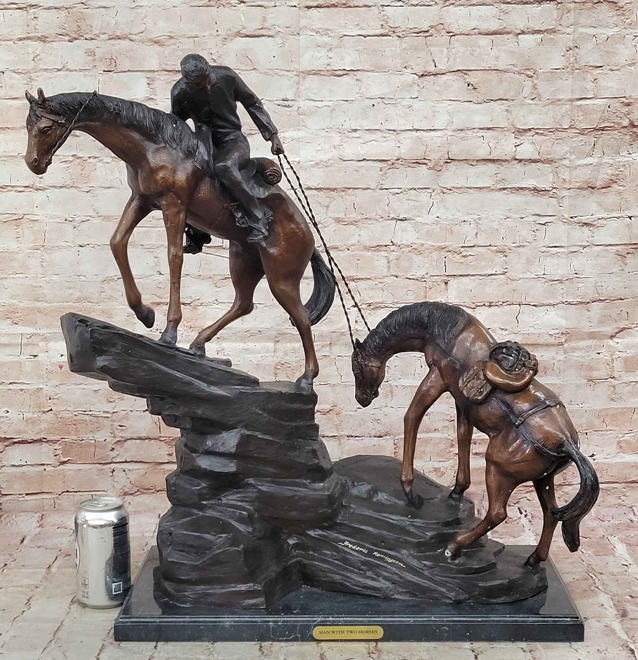 Frederic Remington Cowboy & Two Horses Western Bronze Statue Sculpture 26" x 28"
