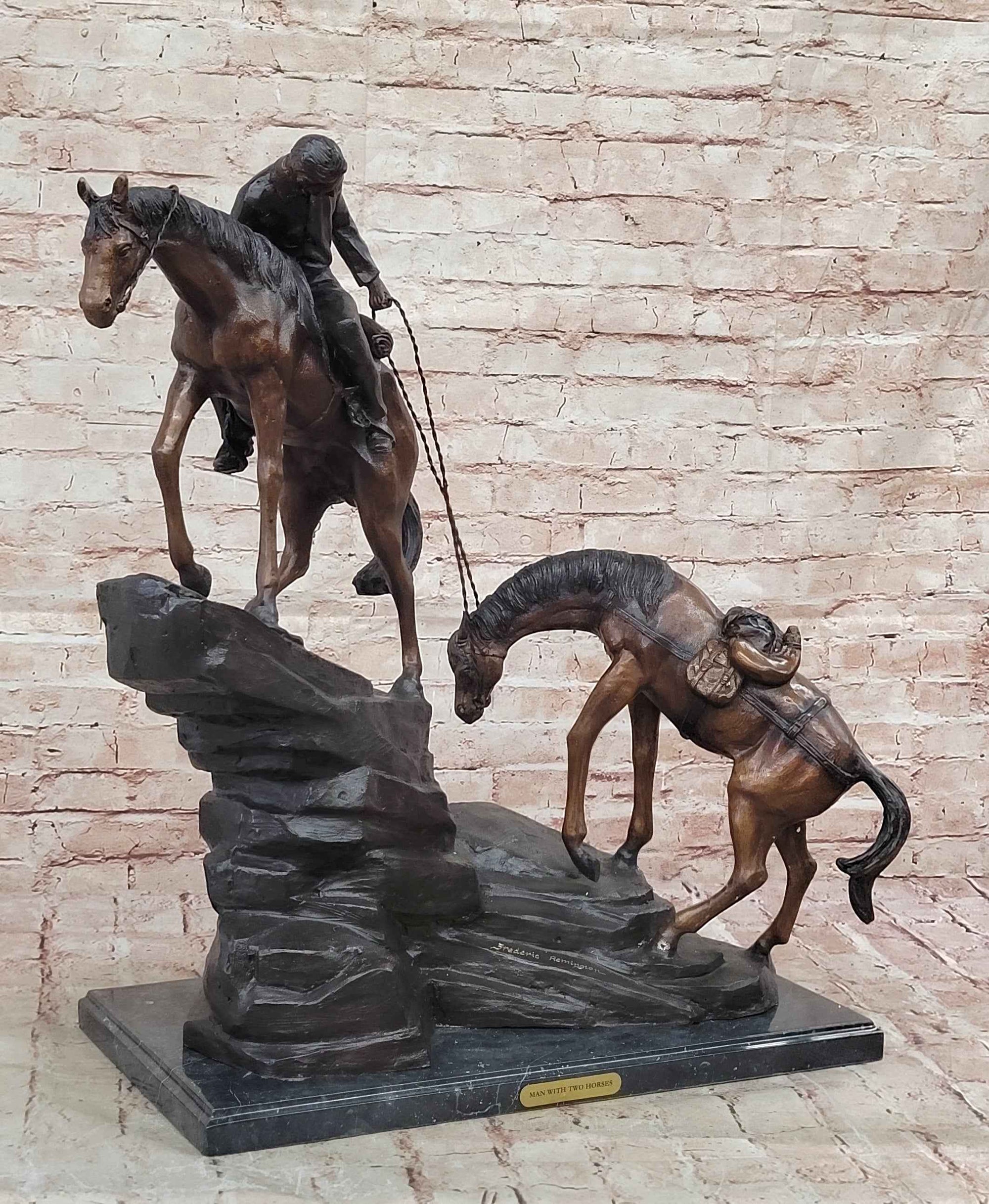 Frederic Remington Cowboy & Two Horses Western Bronze Statue Sculpture 26" x 28"