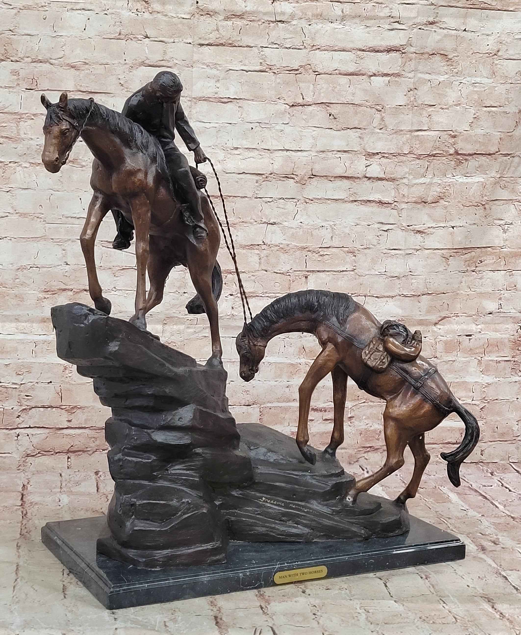 Frederic Remington Cowboy & Two Horses Western Bronze Statue Sculpture 26" x 28"