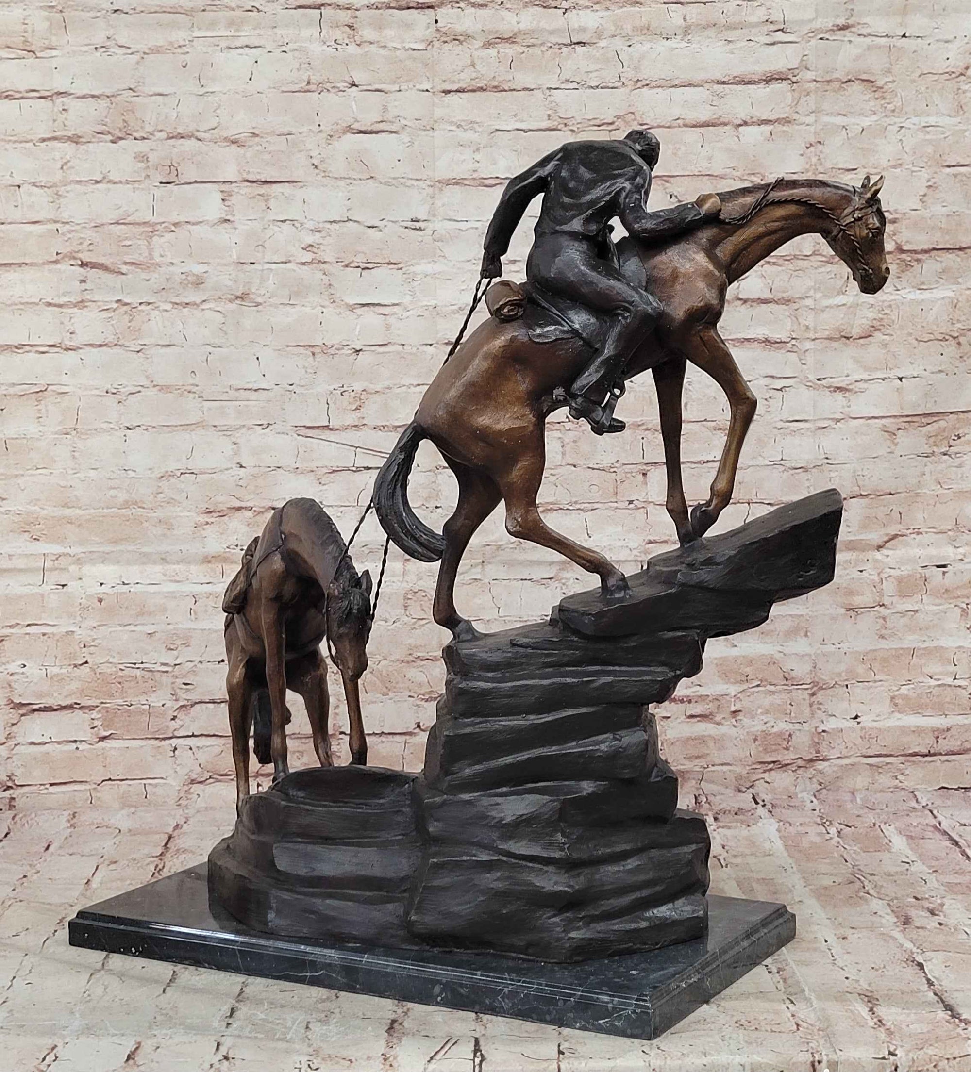 Frederic Remington Cowboy & Two Horses Western Bronze Statue Sculpture 26" x 28"