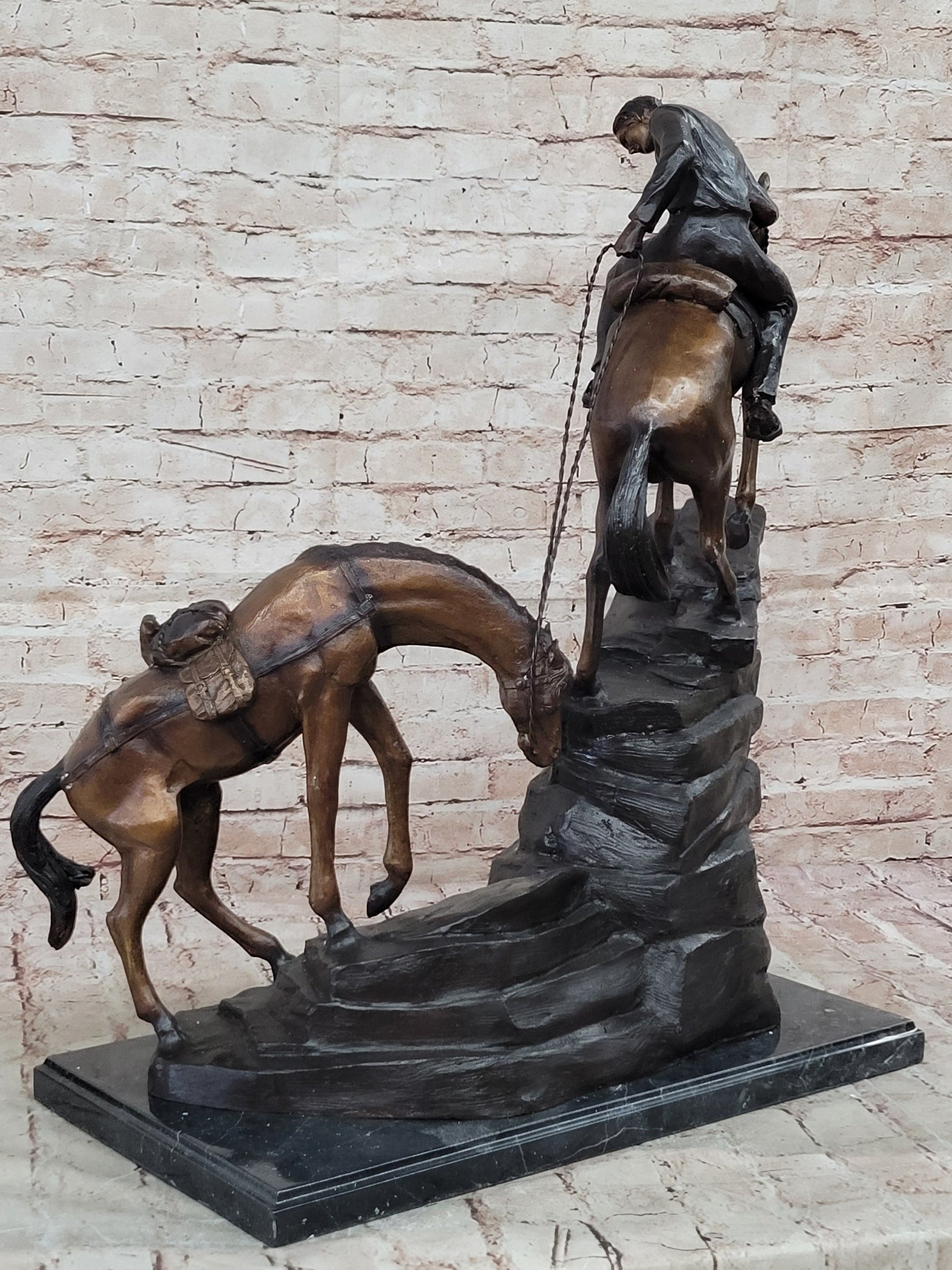 Frederic Remington Cowboy & Two Horses Western Bronze Statue Sculpture 26" x 28"