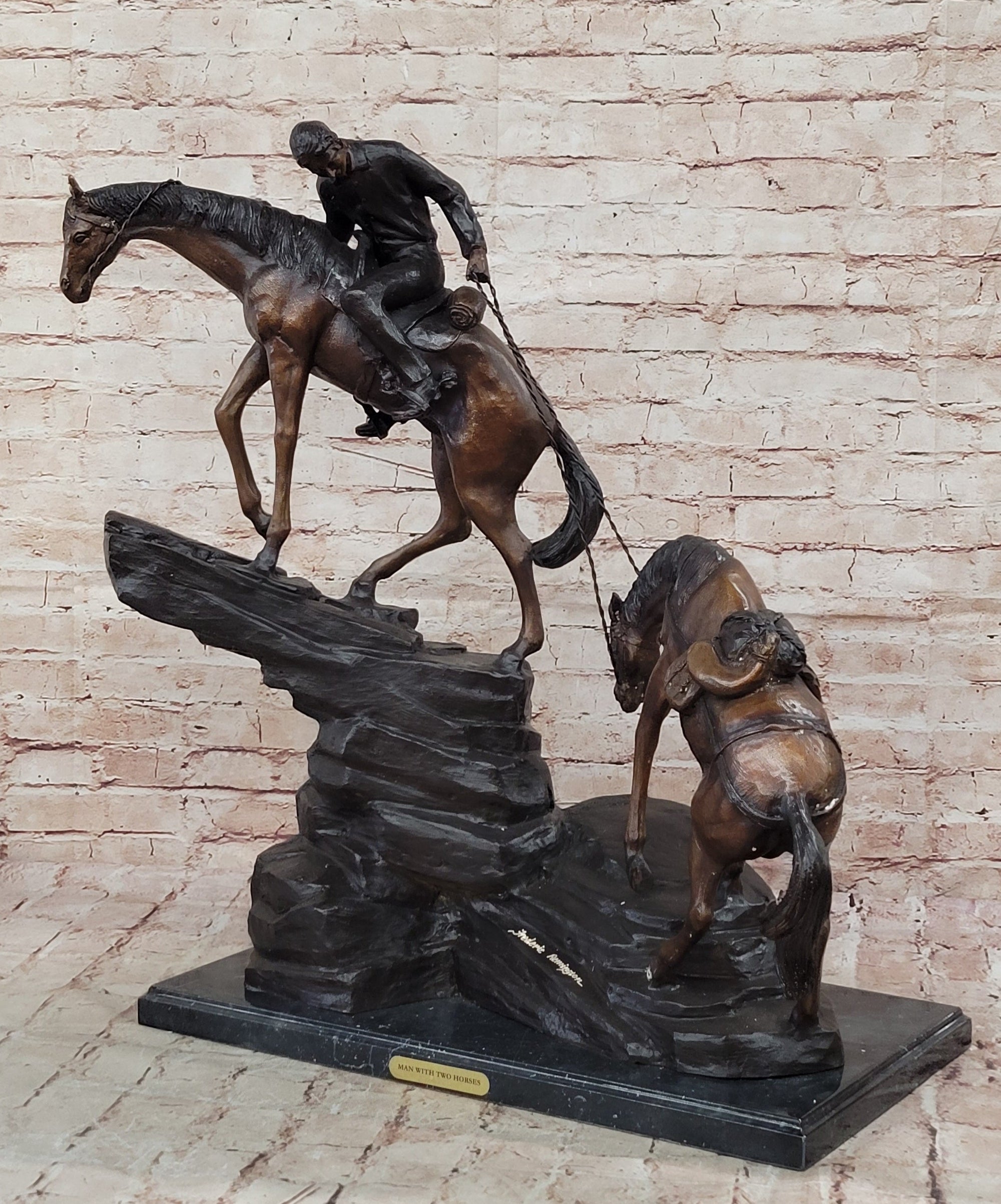 Frederic Remington Cowboy & Two Horses Western Bronze Statue Sculpture 26" x 28"