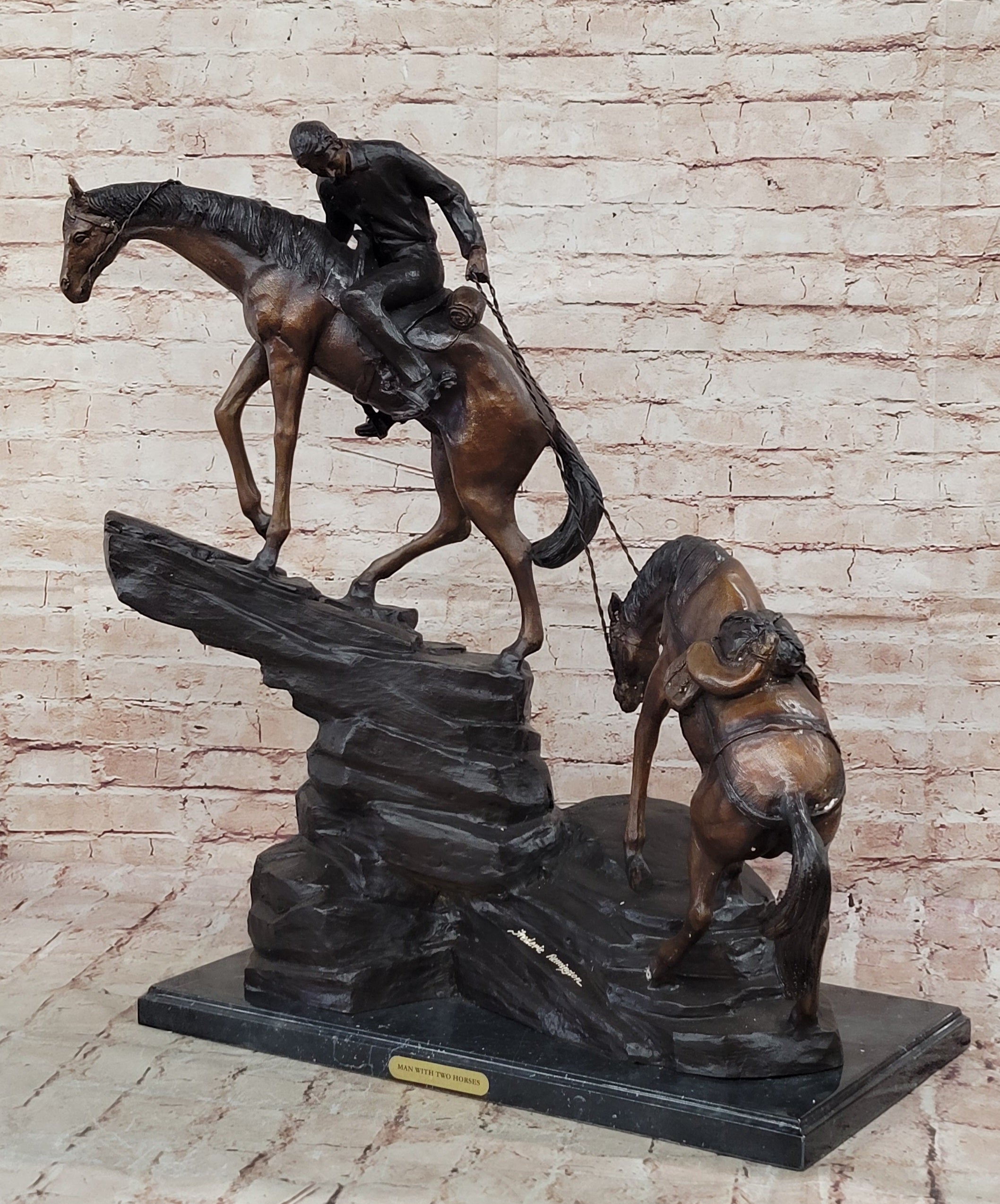 Frederic Remington Cowboy & Two Horses Western Bronze Statue Sculpture 26" x 28"