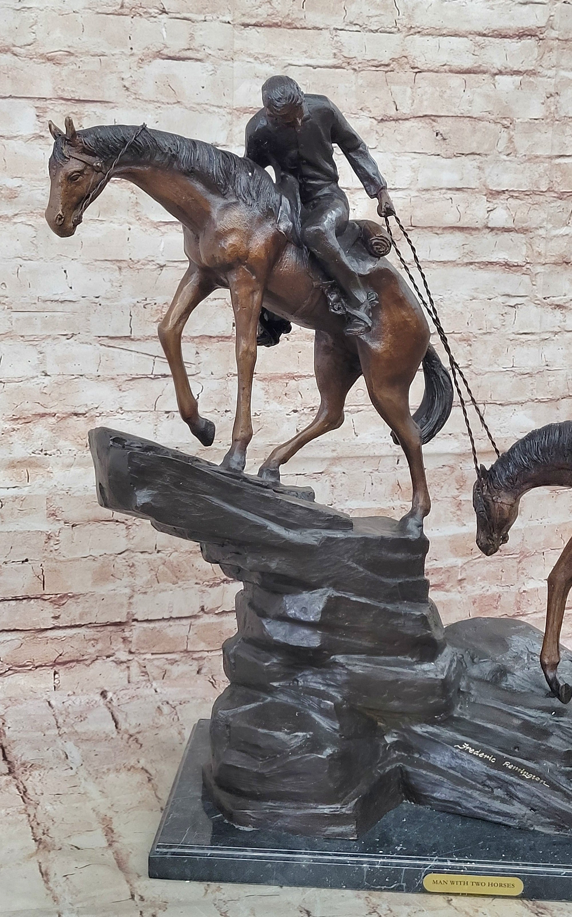 Frederic Remington Cowboy & Two Horses Western Bronze Statue Sculpture 26" x 28"