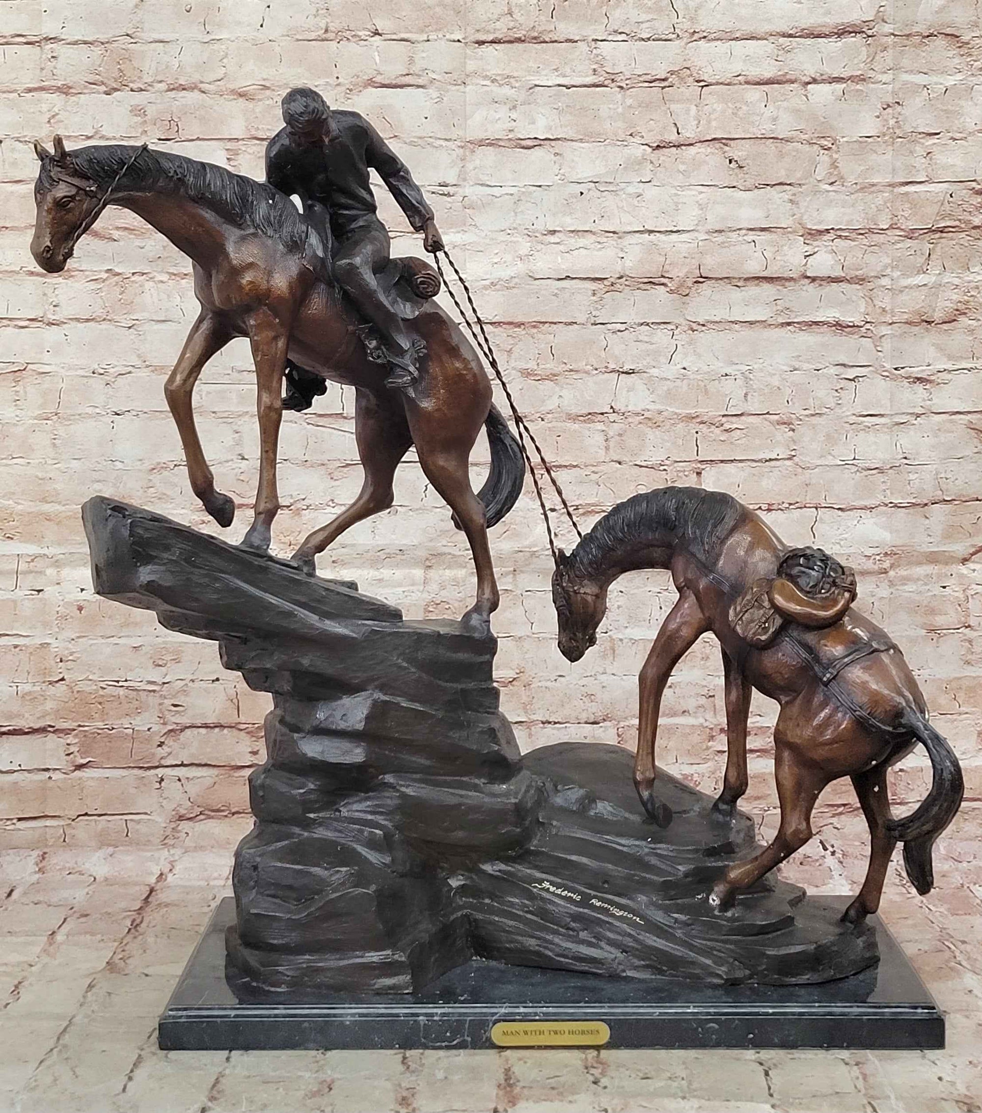 Frederic Remington Cowboy & Two Horses Western Bronze Statue Sculpture 26" x 28"