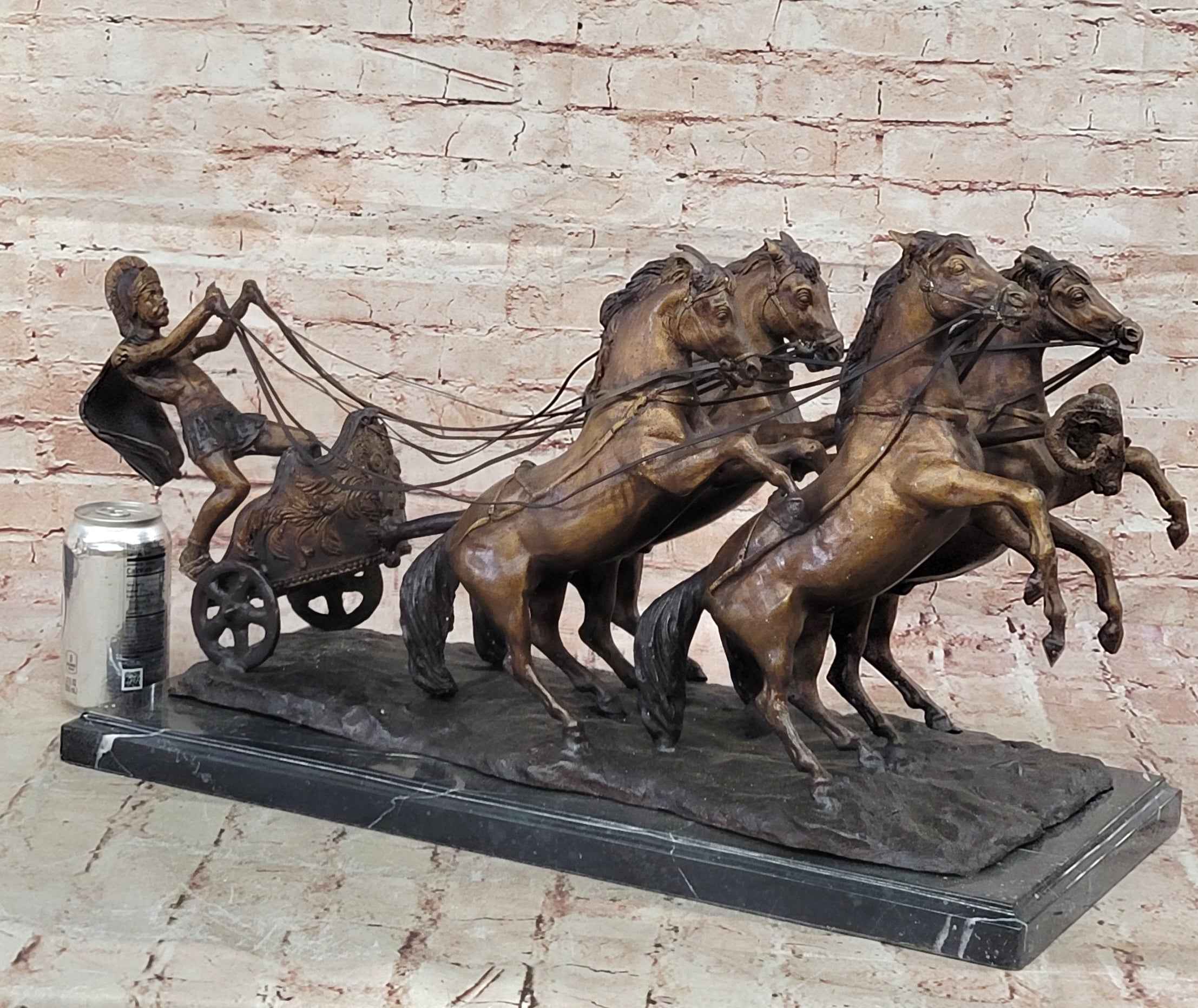 Bronze Roman Gladiator Warrior Chariot Sculpture with Rearing Horses