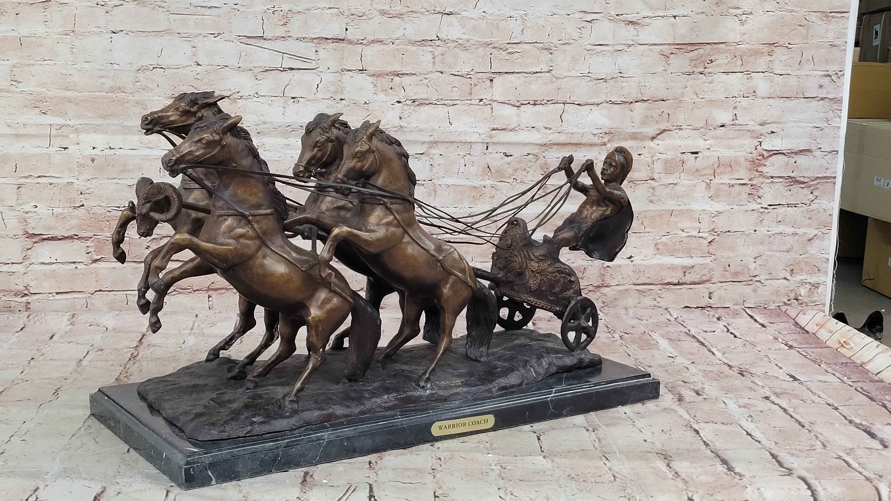 Bronze Roman Gladiator Warrior Chariot Sculpture with Rearing Horses