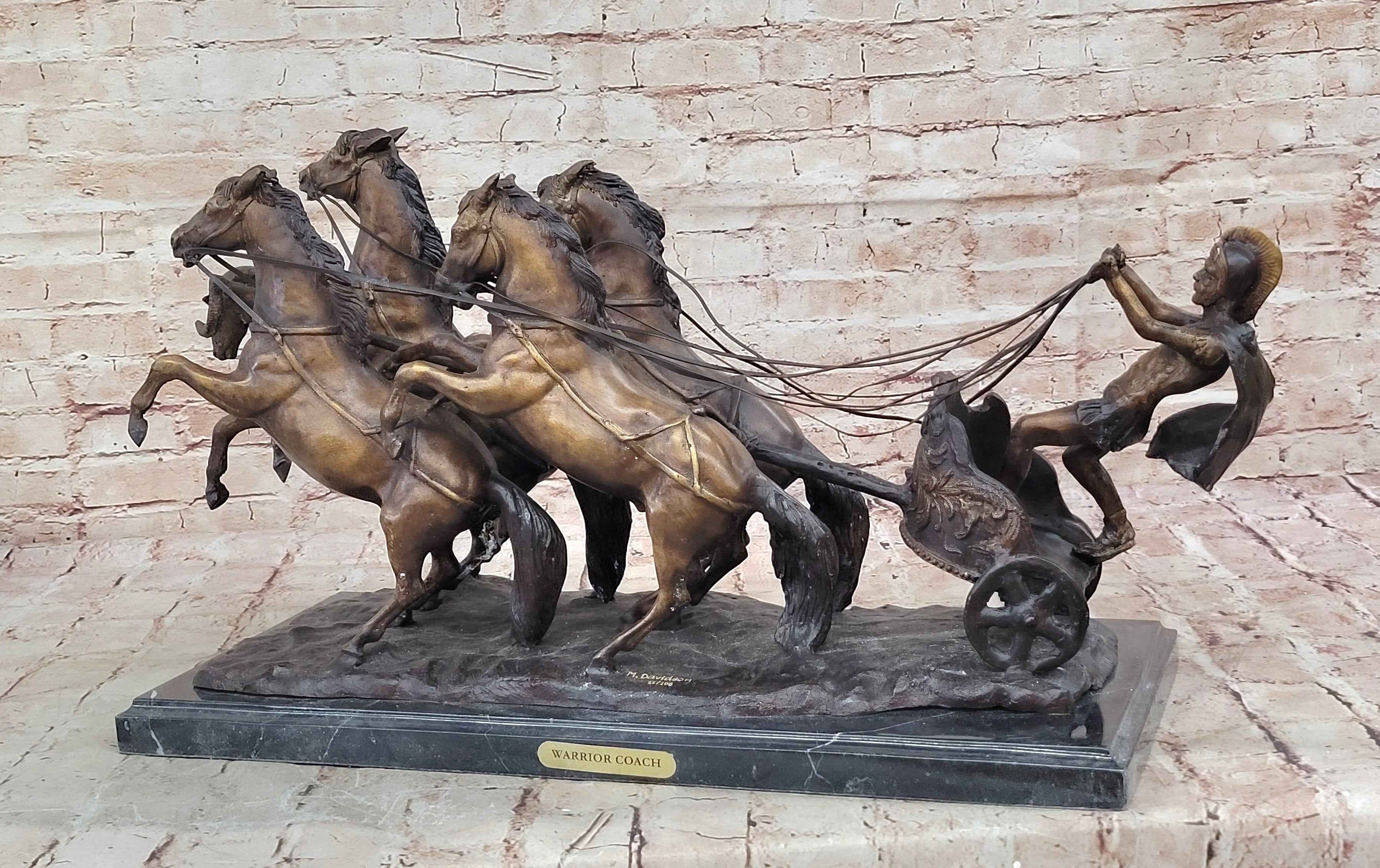 Bronze Roman Gladiator Warrior Chariot Sculpture with Rearing Horses