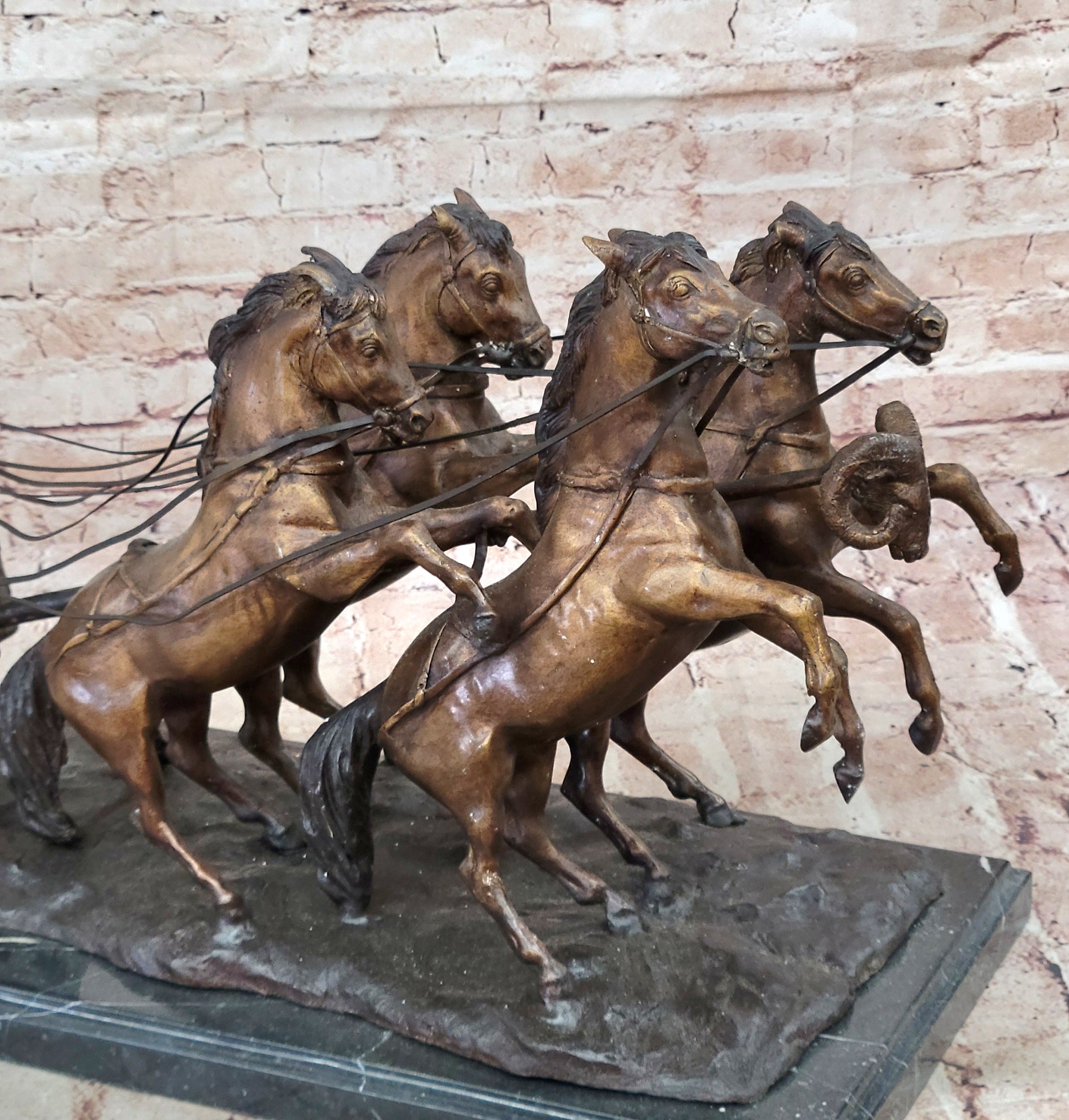 Bronze Roman Gladiator Warrior Chariot Sculpture with Rearing Horses
