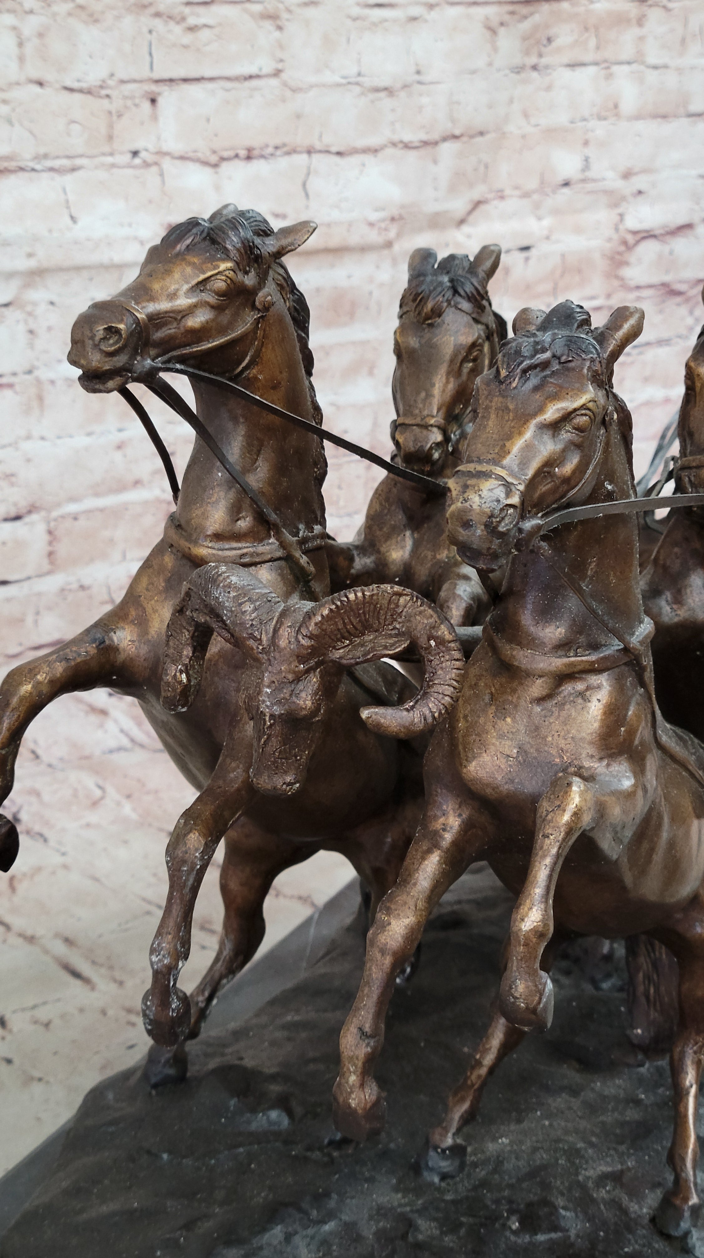 Bronze Roman Gladiator Warrior Chariot Sculpture with Rearing Horses