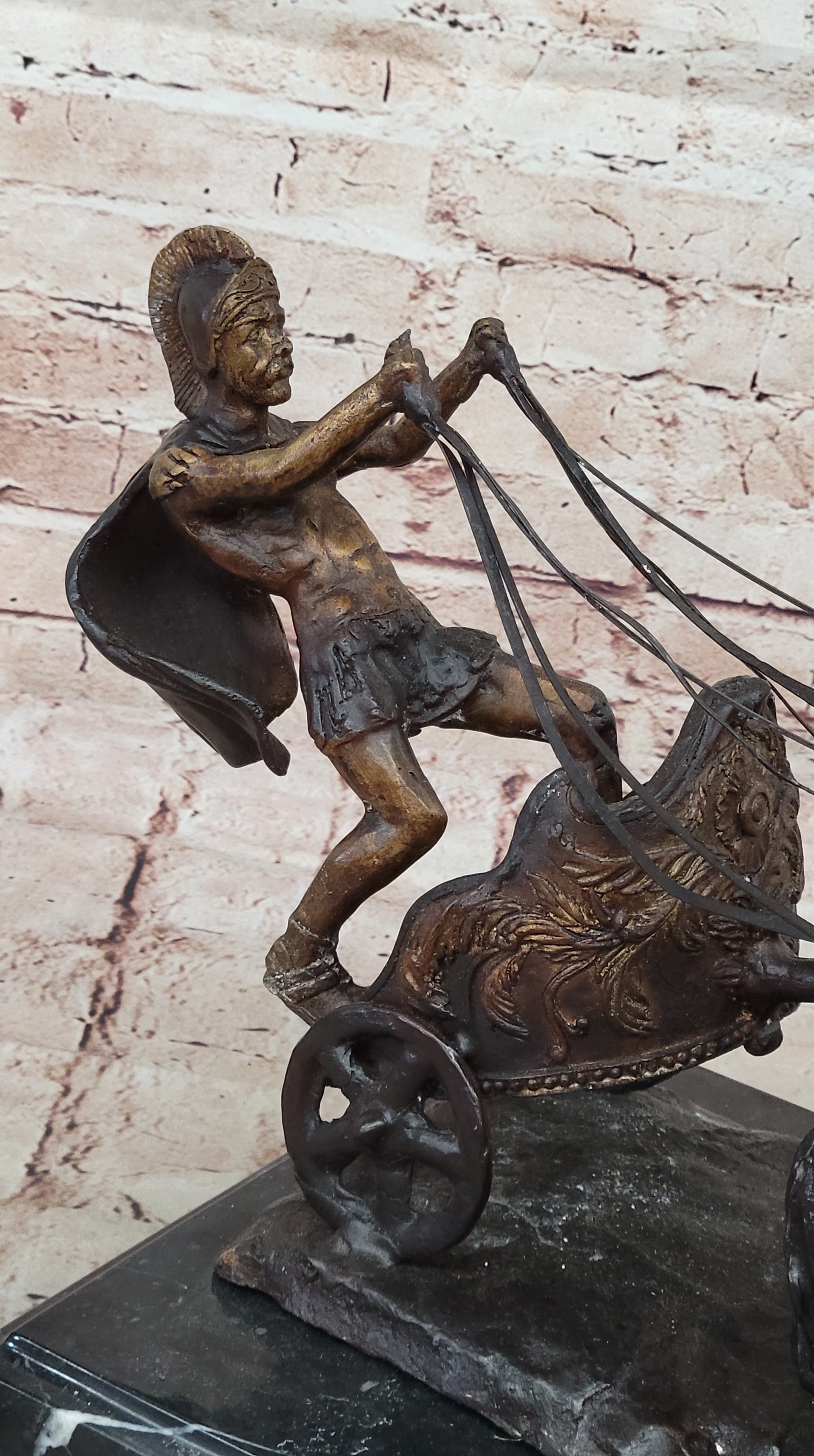 Bronze Roman Gladiator Warrior Chariot Sculpture with Rearing Horses