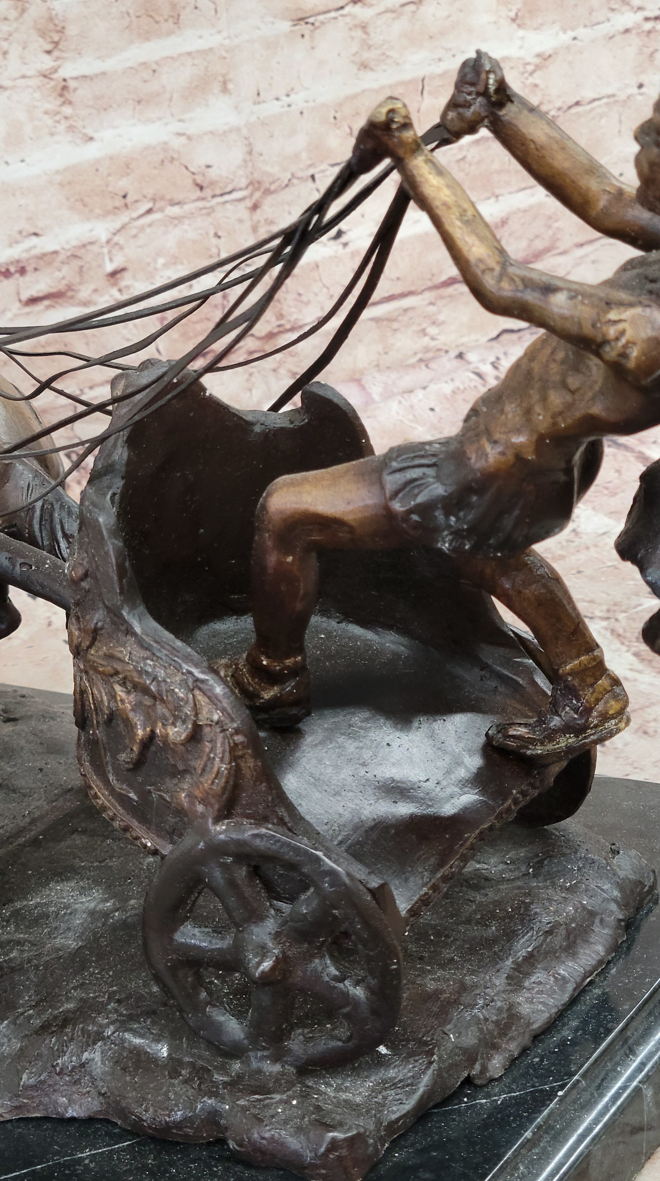 Bronze Roman Gladiator Warrior Chariot Sculpture with Rearing Horses
