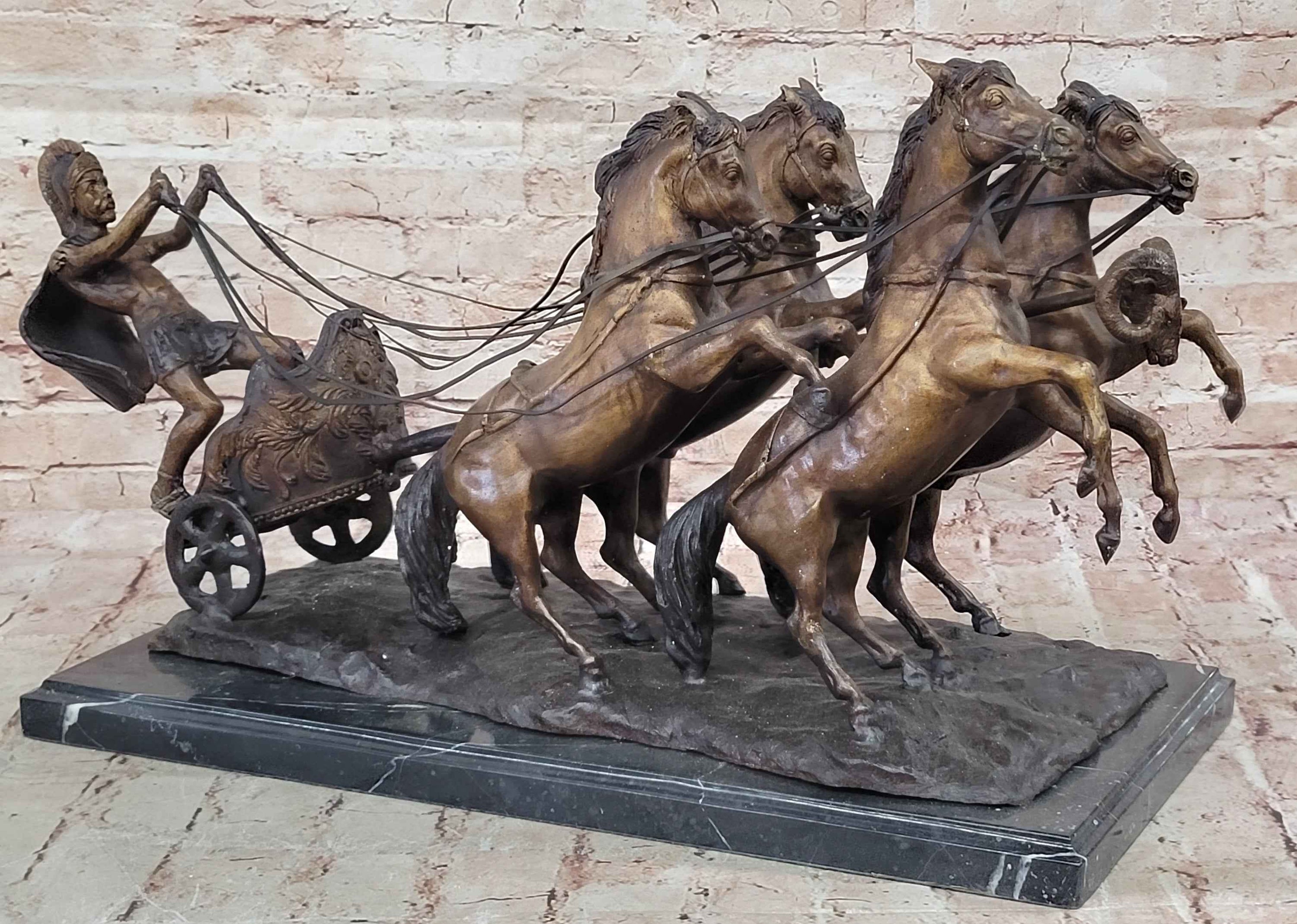 Bronze Roman Gladiator Warrior Chariot Sculpture with Rearing Horses