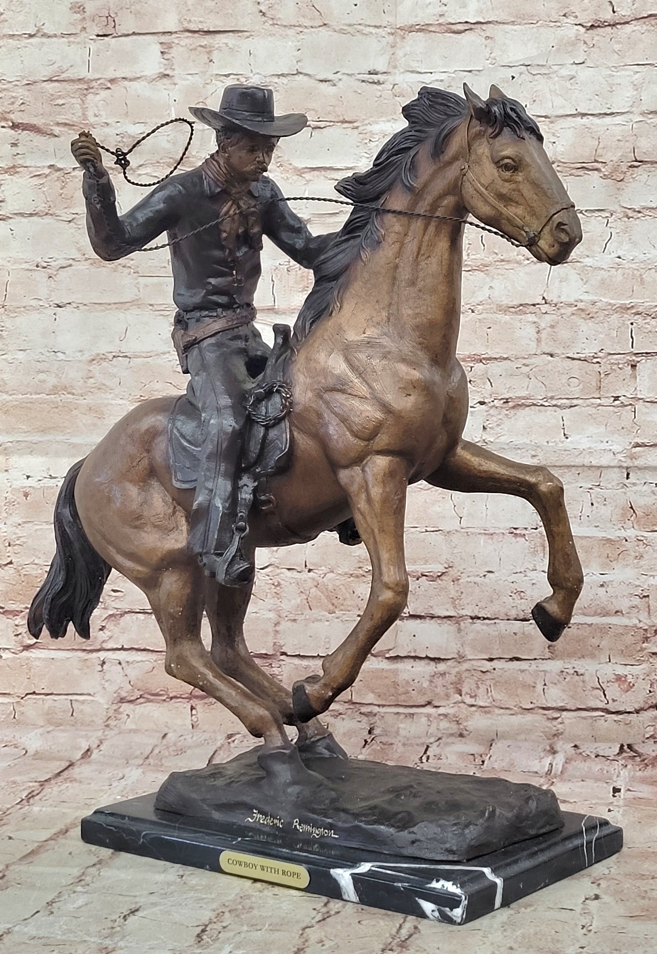 Cowboy with Rope on Horseback Country Western Bronze Sculpture Statue Frederic Remington
