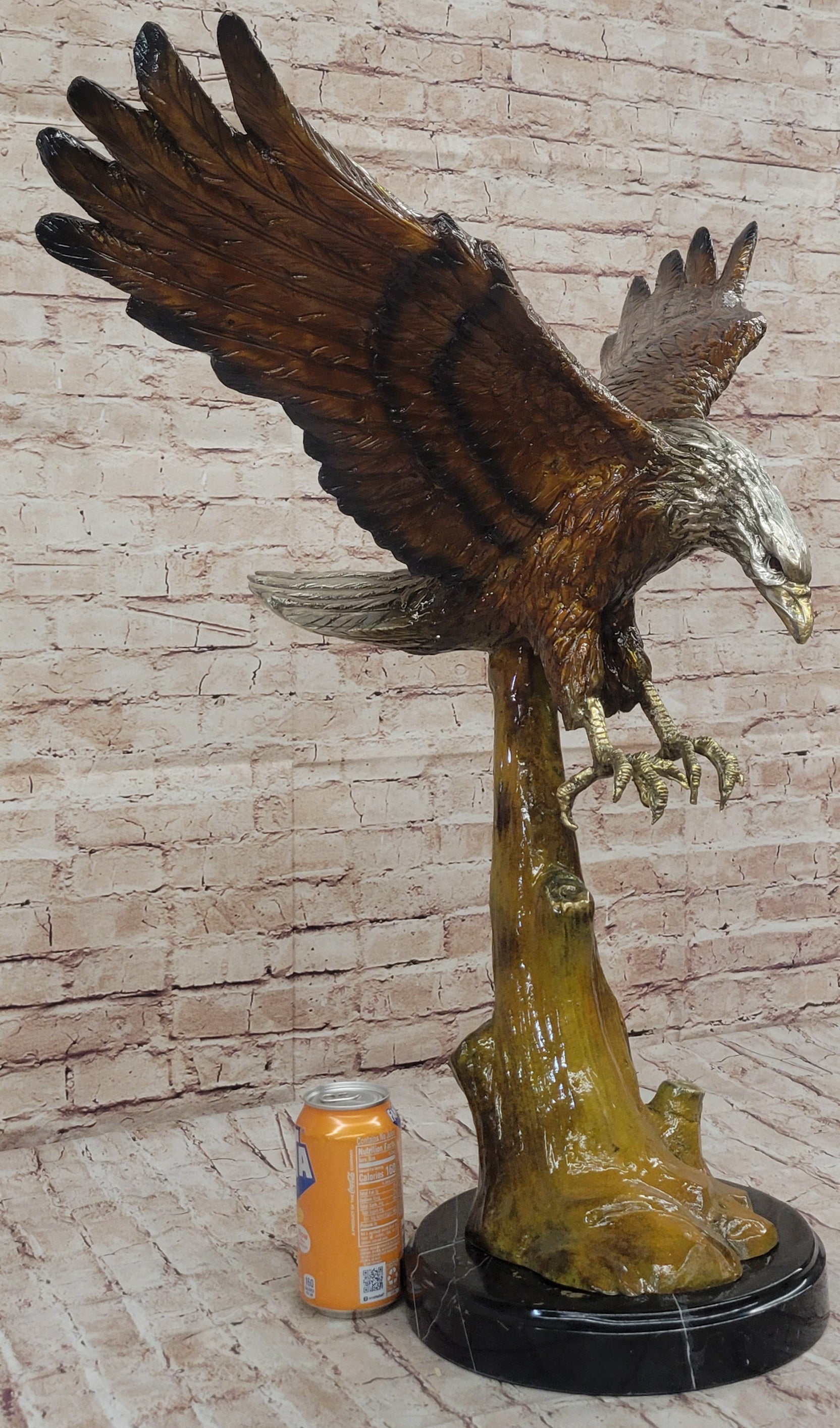 Multi Color Patina American Bald Eagle Bronze Sculpture Marble Base 32" x 26"