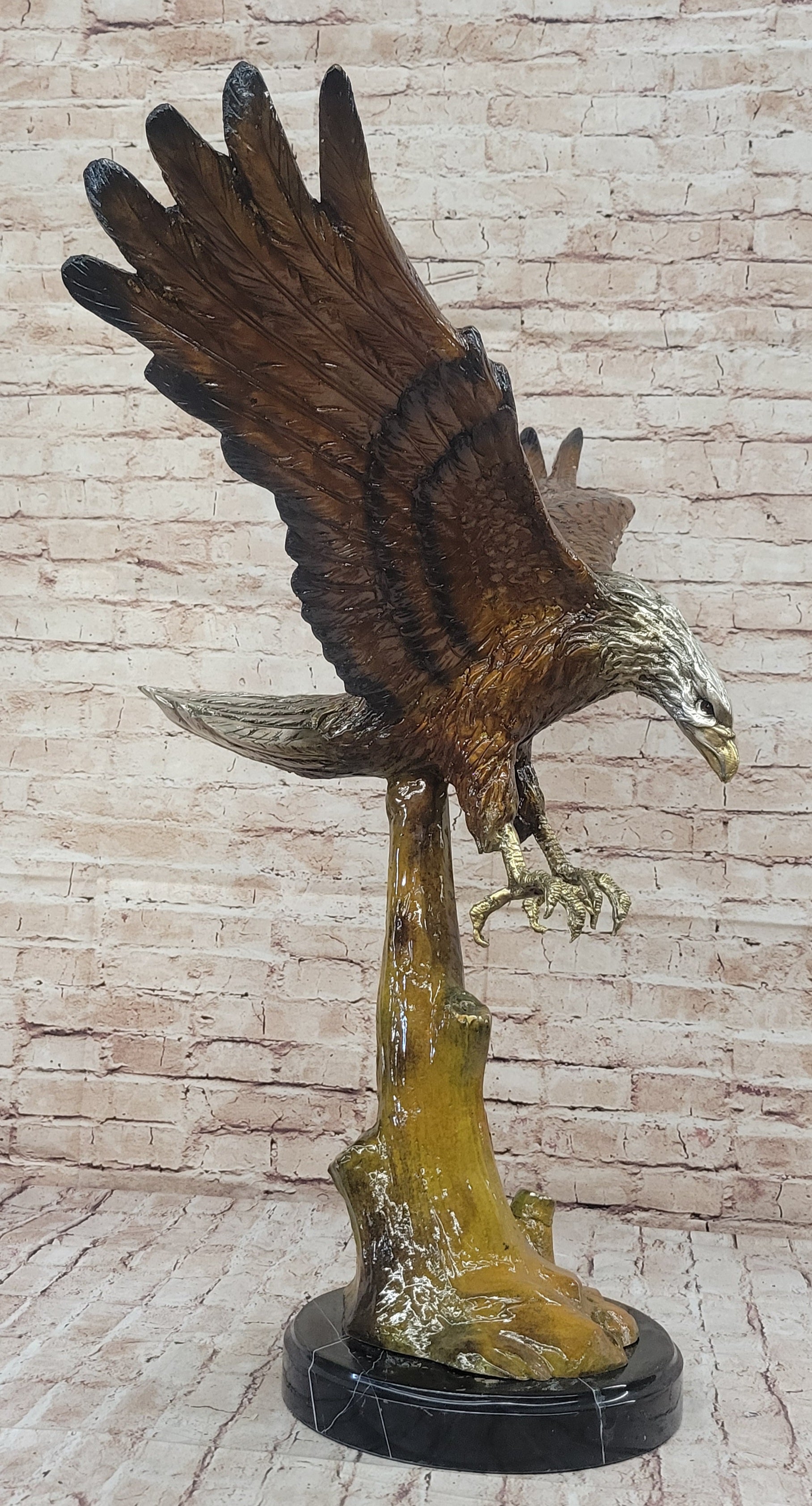 Multi Color Patina American Bald Eagle Bronze Sculpture Marble Base 32" x 26"