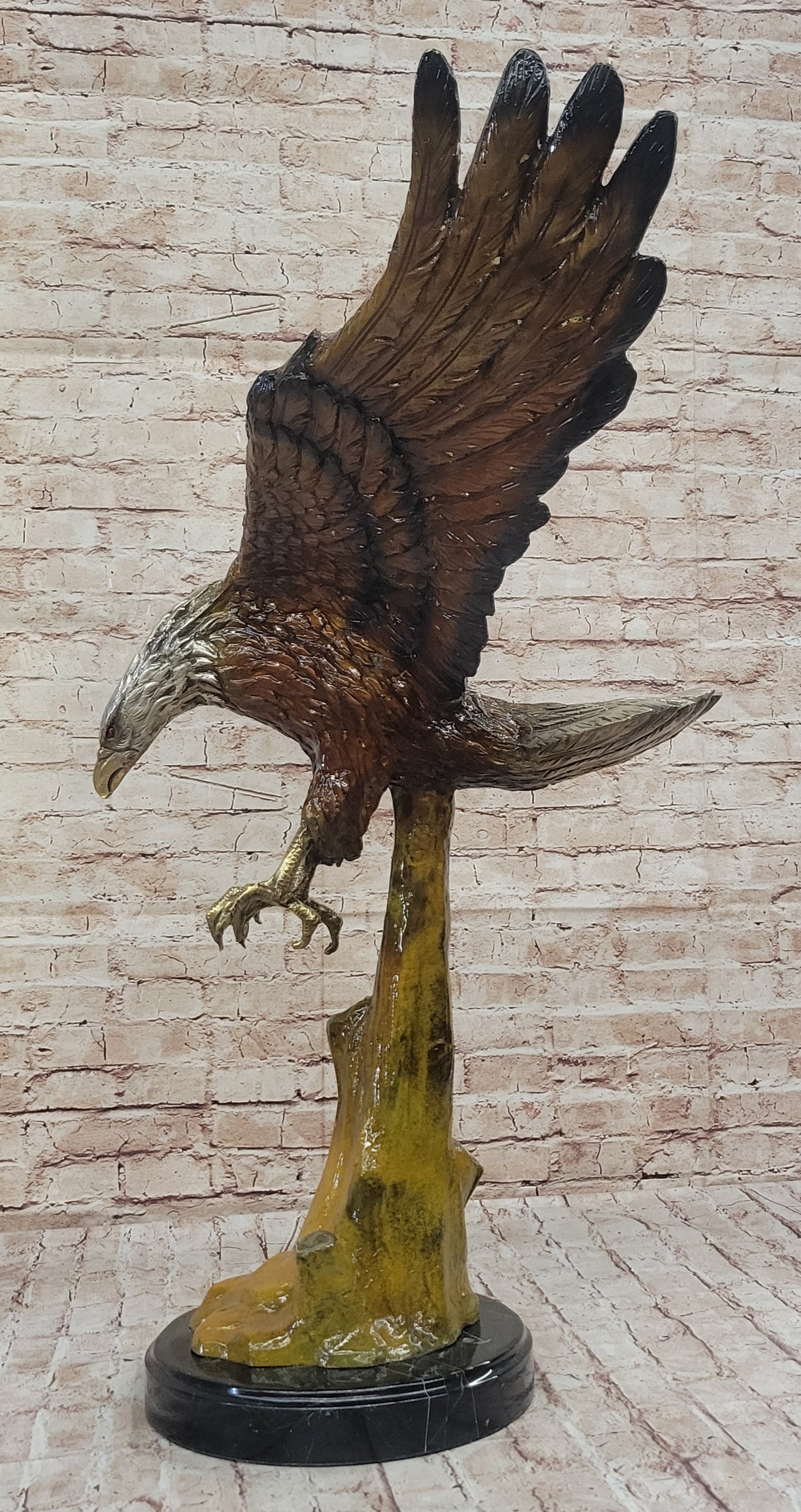 Multi Color Patina American Bald Eagle Bronze Sculpture Marble Base 32" x 26"