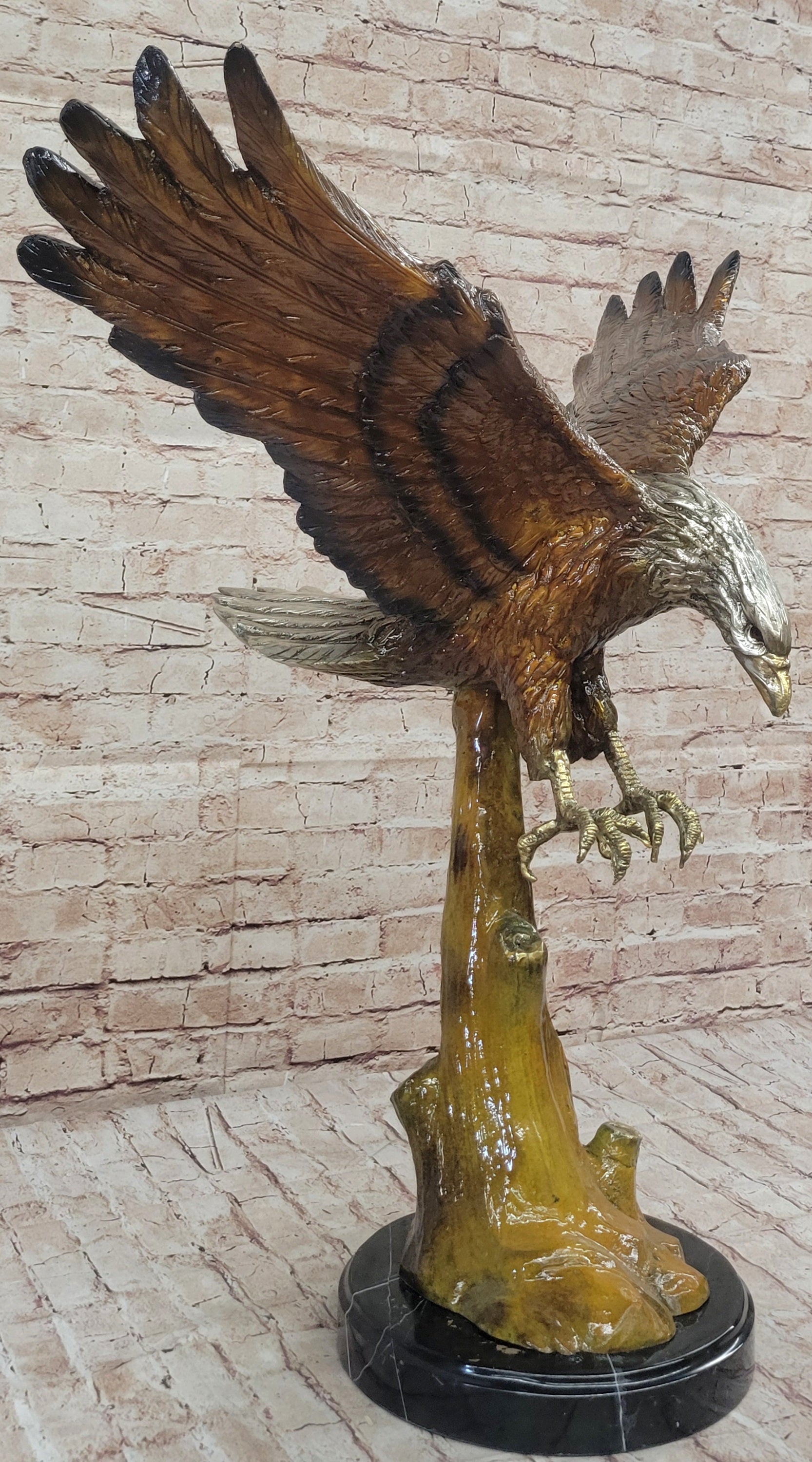 Multi Color Patina American Bald Eagle Bronze Sculpture Marble Base 32" x 26"