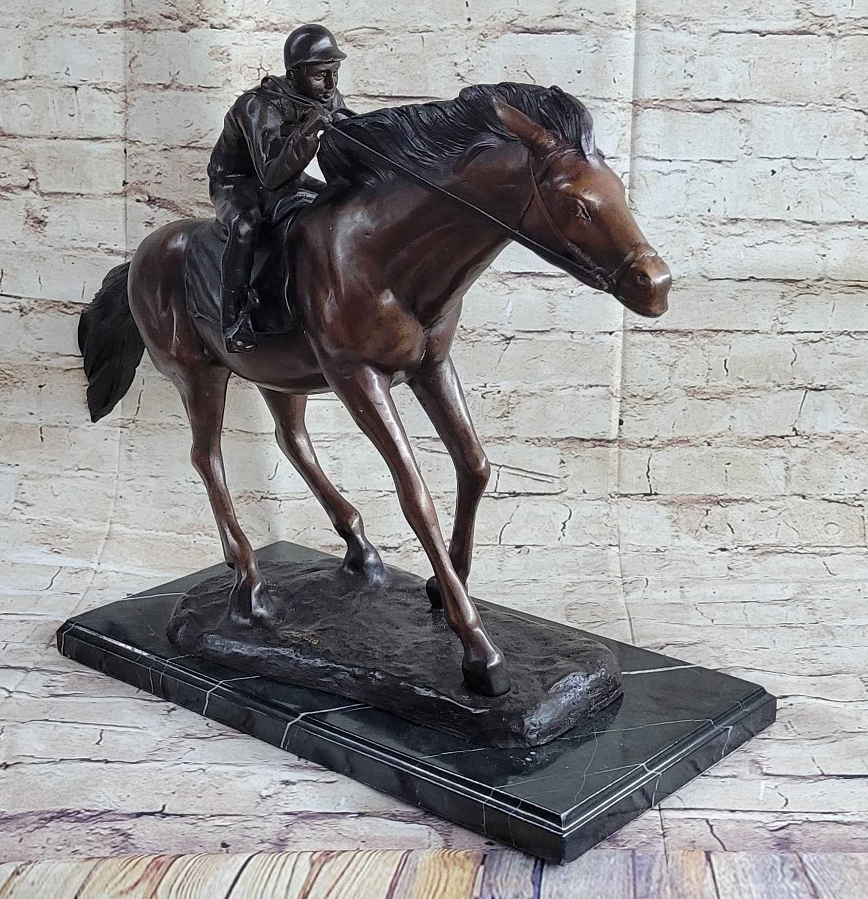 Bronze Jockey Horseman Equestrian Horse Racing Statue Sculpture Decor 16" x 23"