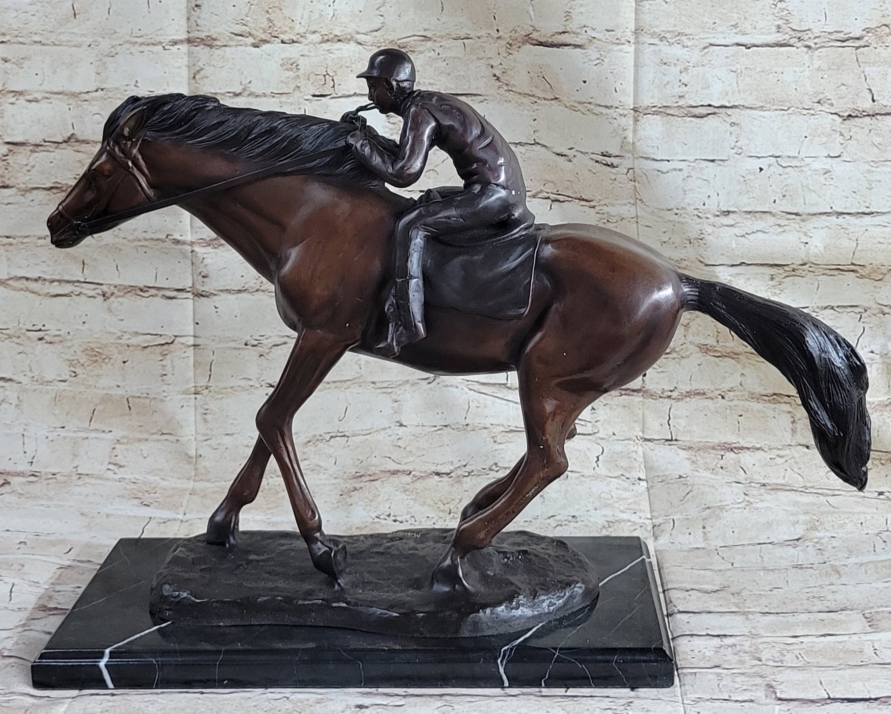 Bronze Jockey Horseman Equestrian Horse Racing Statue Sculpture Decor 16" x 23"