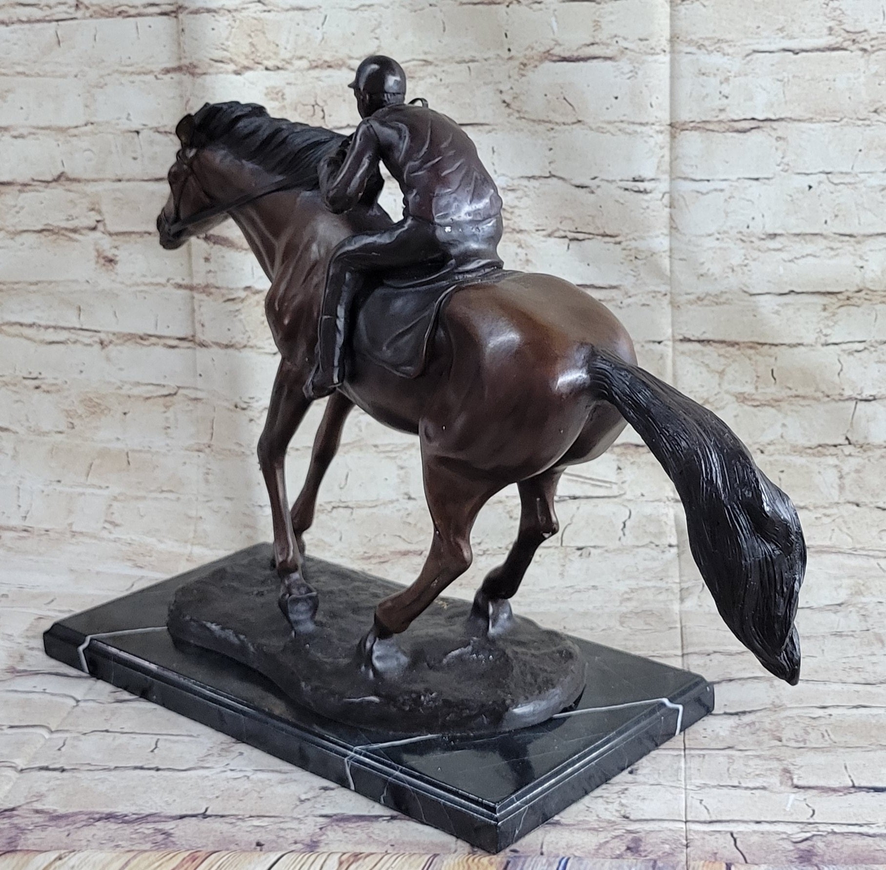 Bronze Jockey Horseman Equestrian Horse Racing Statue Sculpture Decor 16" x 23"
