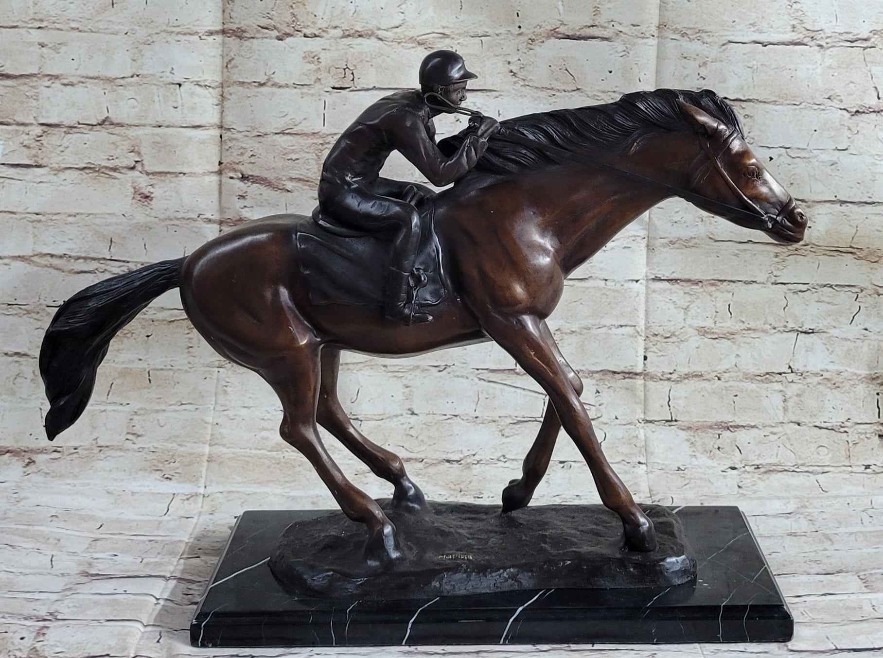 Bronze Jockey Horseman Equestrian Horse Racing Statue Sculpture Decor 16" x 23"