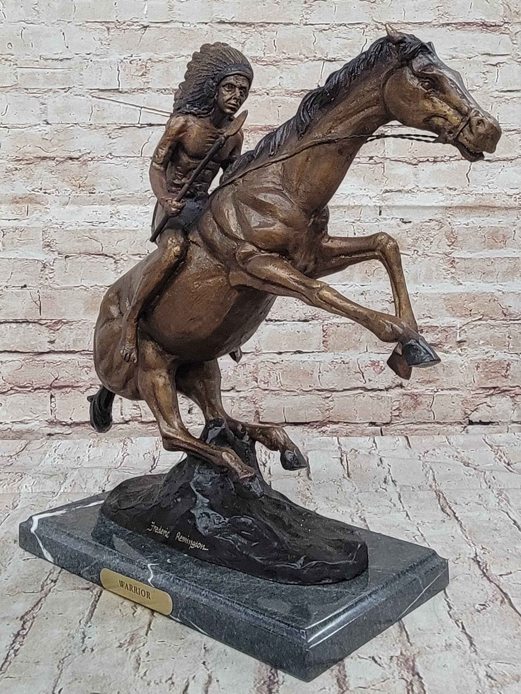 Native American WARRIOR on Horseback by Frederic Remington Bronze Statue Sculpture 18" x 21"