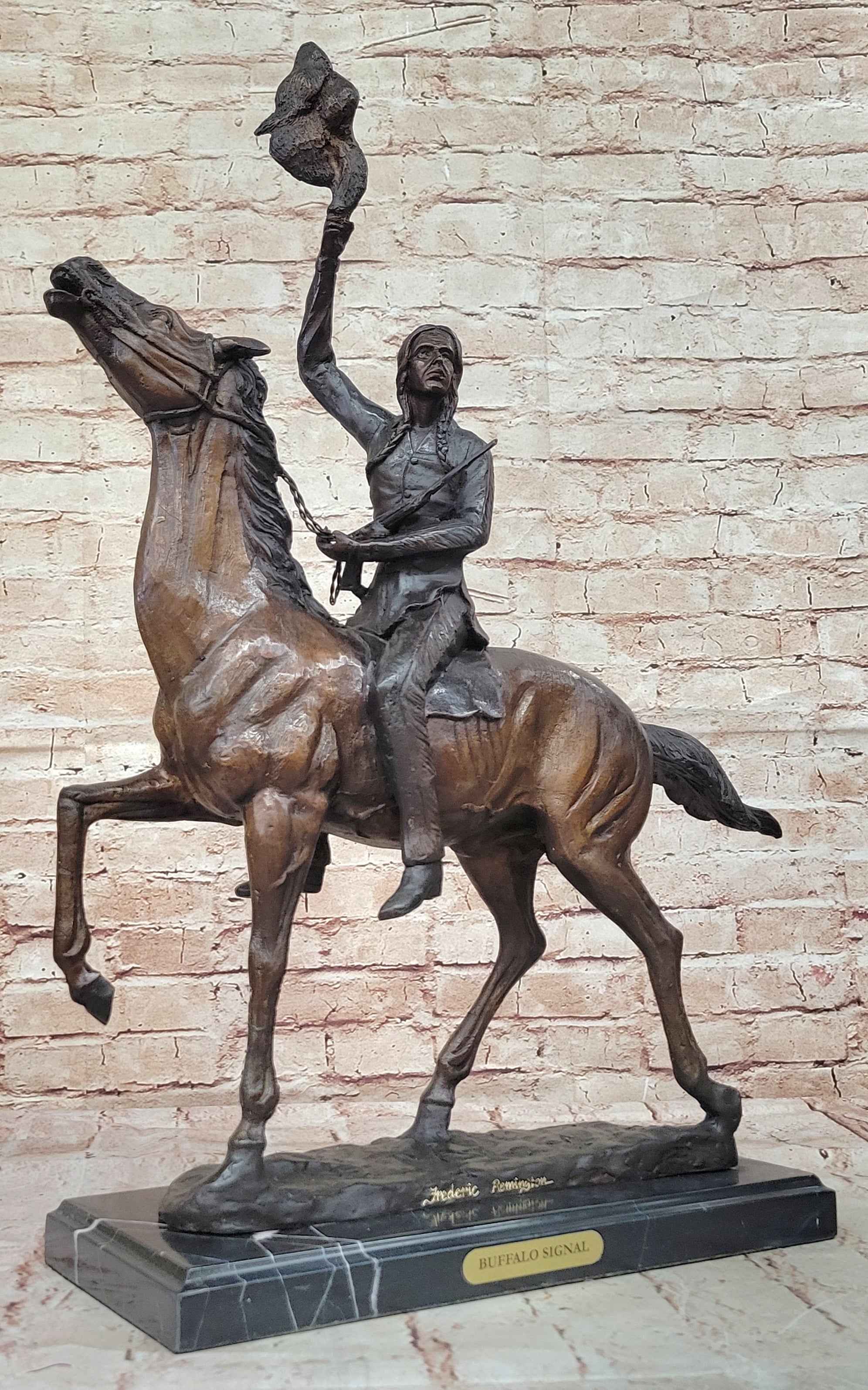 BUFFALO SIGNAL by Frederic Remington Bronze Sculpture Native American Horseback