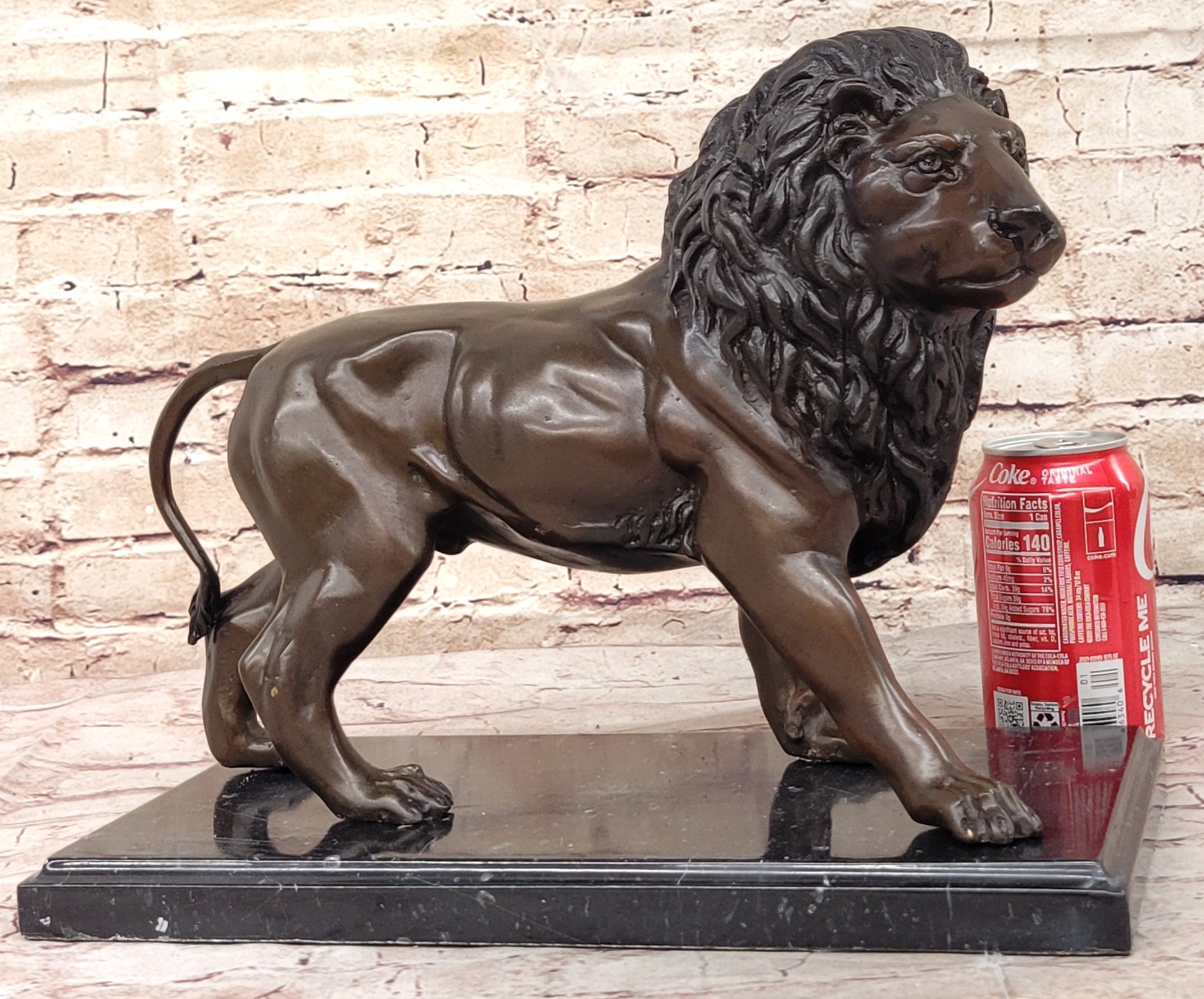 J. Moigniez Bronze Guardian Lion Statue Sculpture Figure on Marble Base 11" x 14"