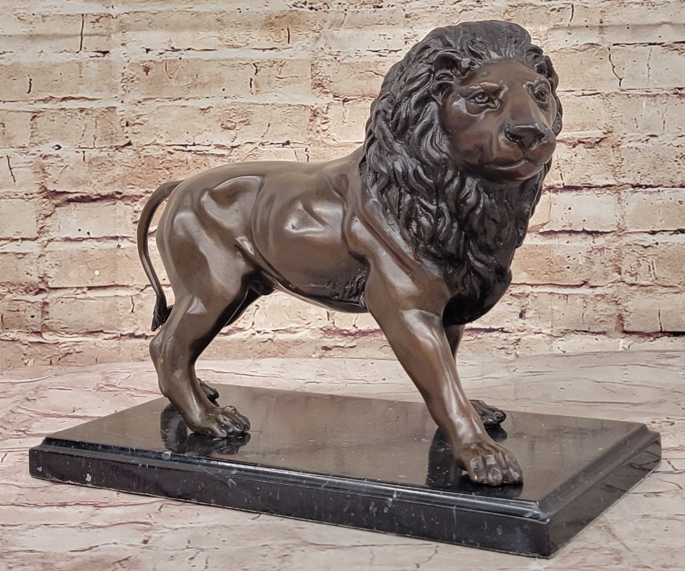 J. Moigniez Bronze Guardian Lion Statue Sculpture Figure on Marble Base 11" x 14"