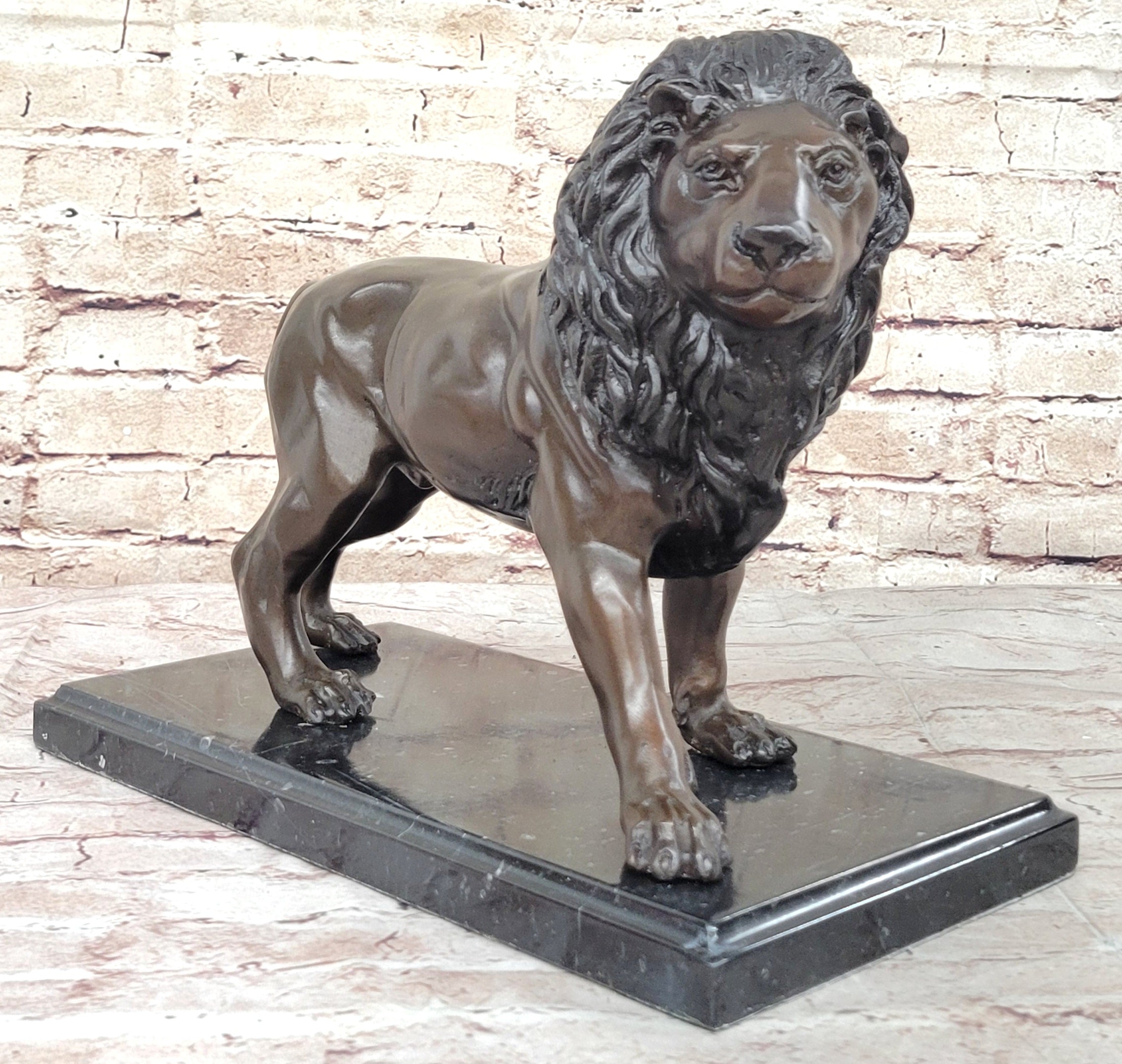 J. Moigniez Bronze Guardian Lion Statue Sculpture Figure on Marble Base 11" x 14"