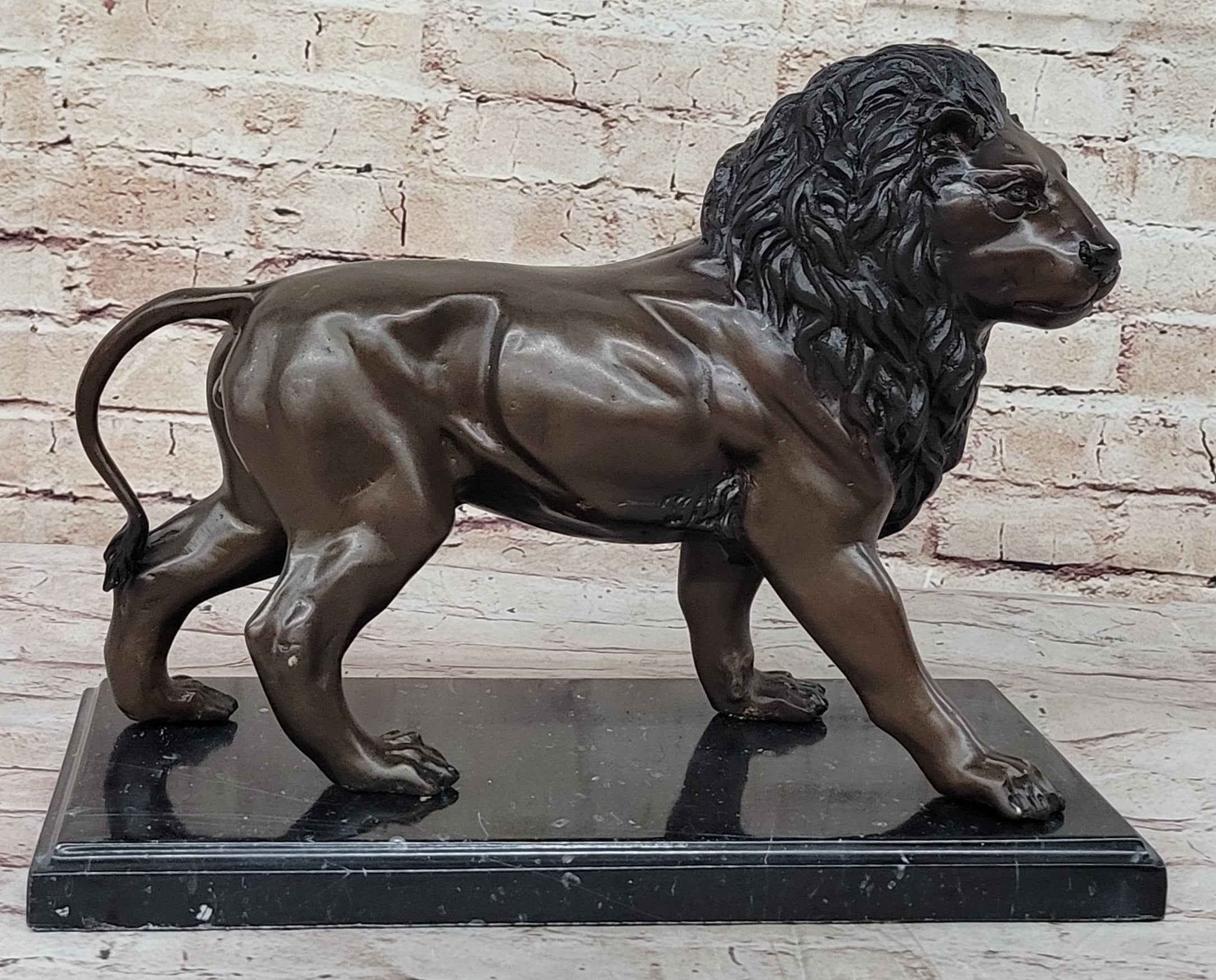 J. Moigniez Bronze Guardian Lion Statue Sculpture Figure on Marble Base 11" x 14"