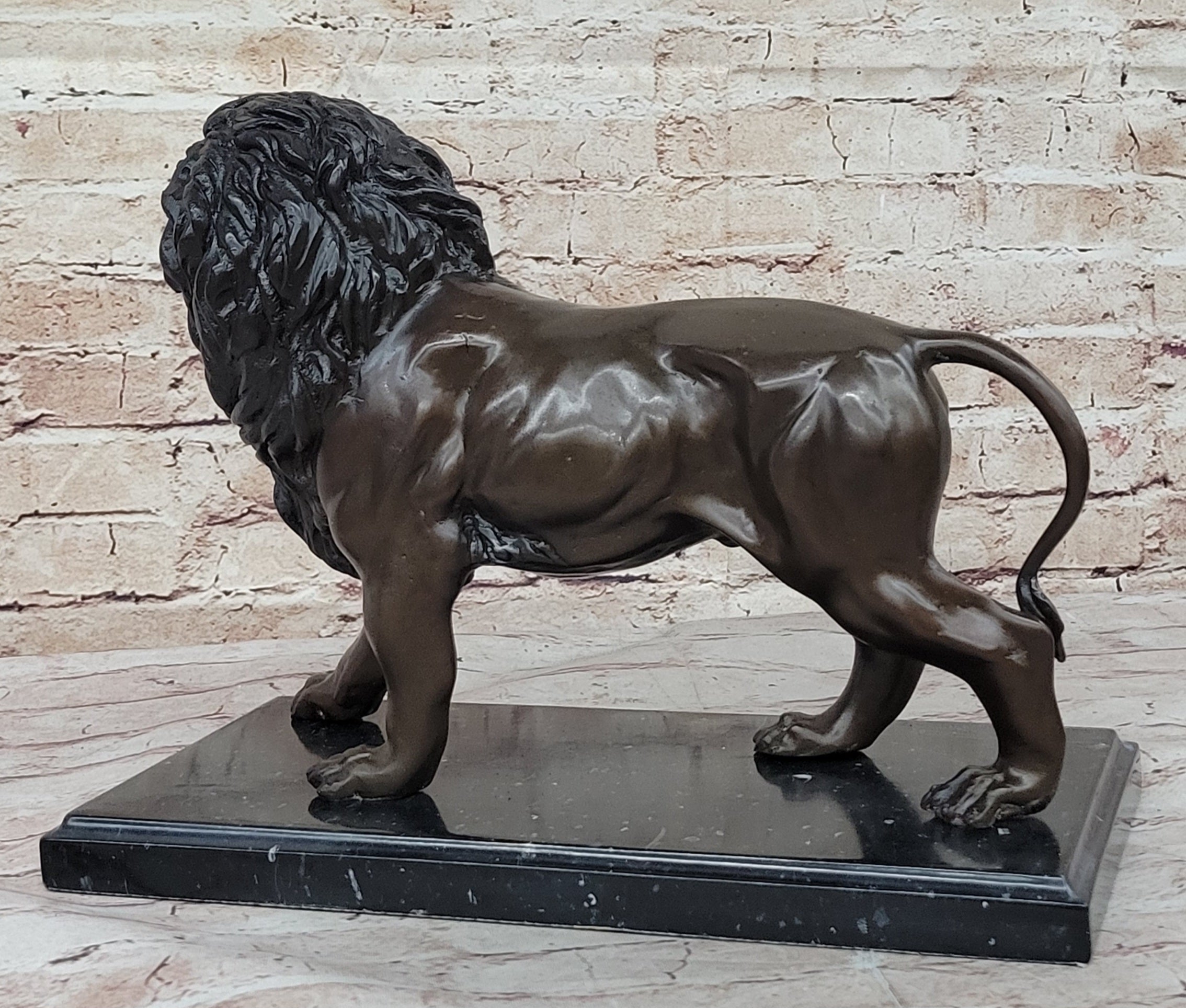 J. Moigniez Bronze Guardian Lion Statue Sculpture Figure on Marble Base 11" x 14"