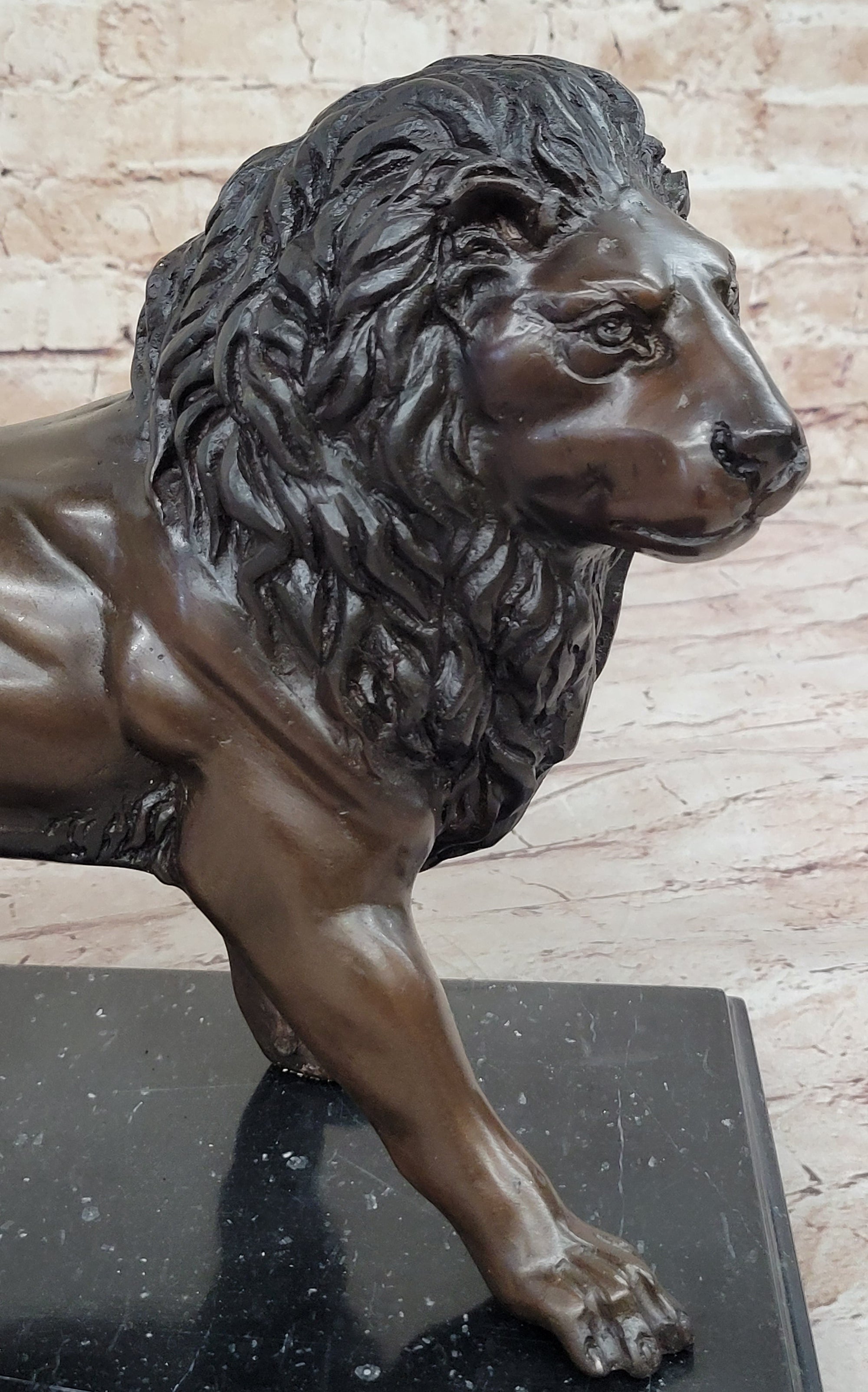 J. Moigniez Bronze Guardian Lion Statue Sculpture Figure on Marble Base 11" x 14"