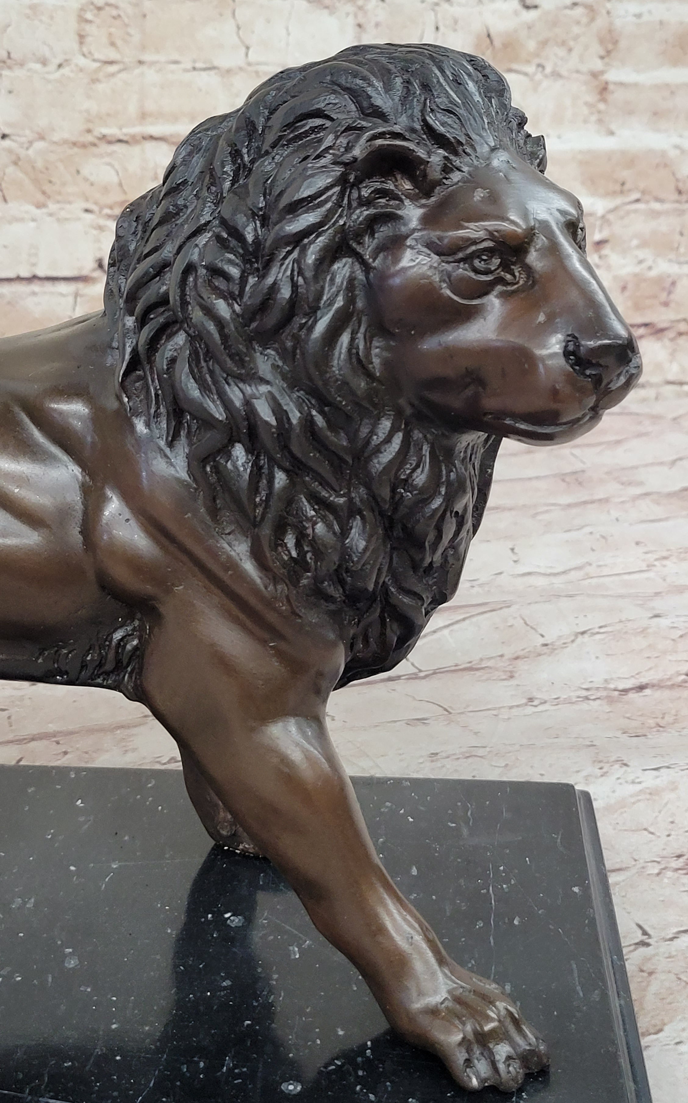 J. Moigniez Bronze Guardian Lion Statue Sculpture Figure on Marble Base 11" x 14"