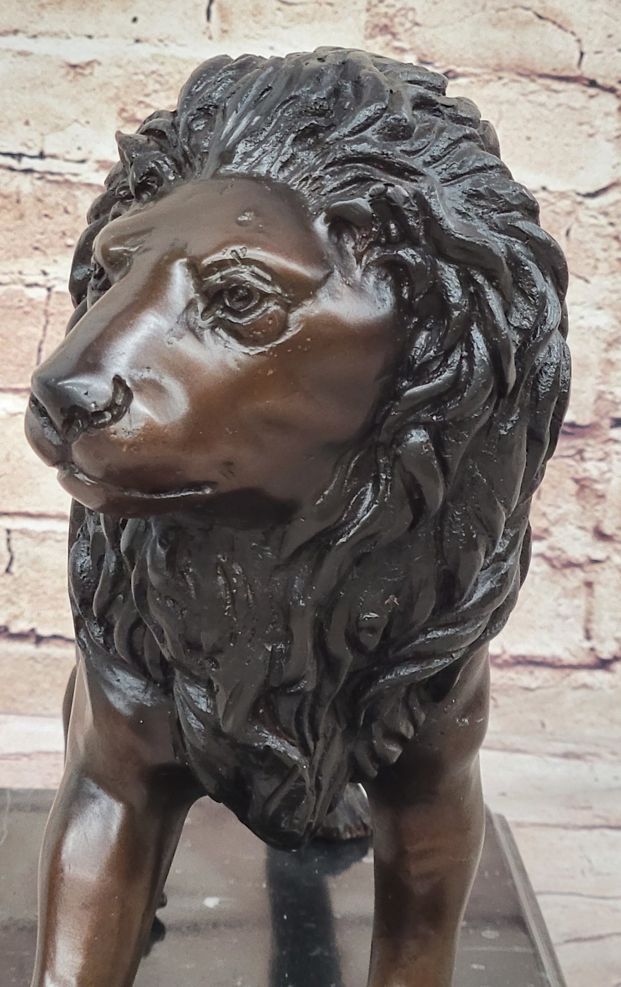 J. Moigniez Bronze Guardian Lion Statue Sculpture Figure on Marble Base 11" x 14"
