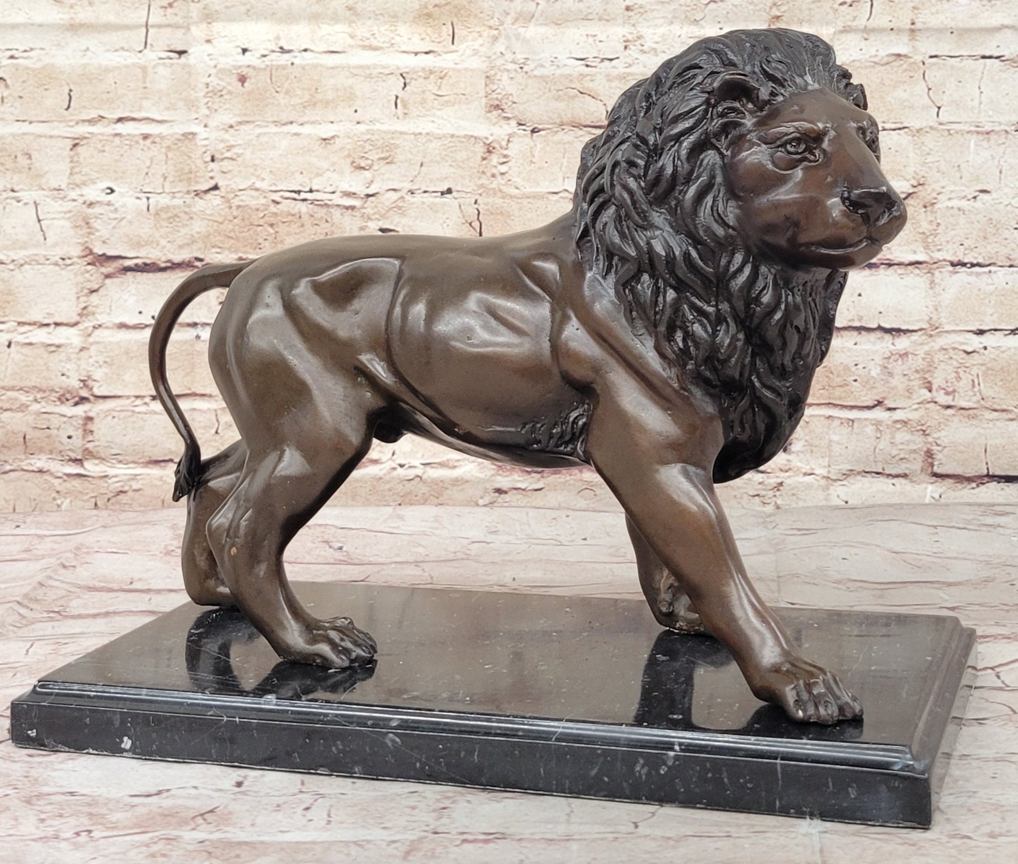 J. Moigniez Bronze Guardian Lion Statue Sculpture Figure on Marble Base 11" x 14"