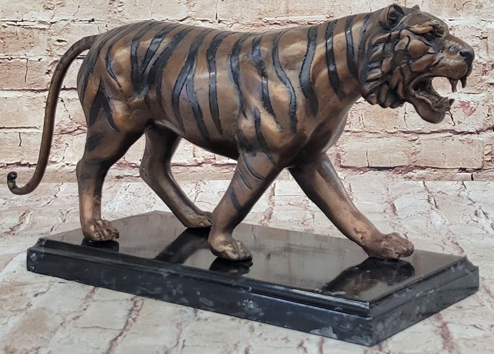 Hot Cast Bronze Tiger Statue Sculpture Figure on Marble Base by Moigniez