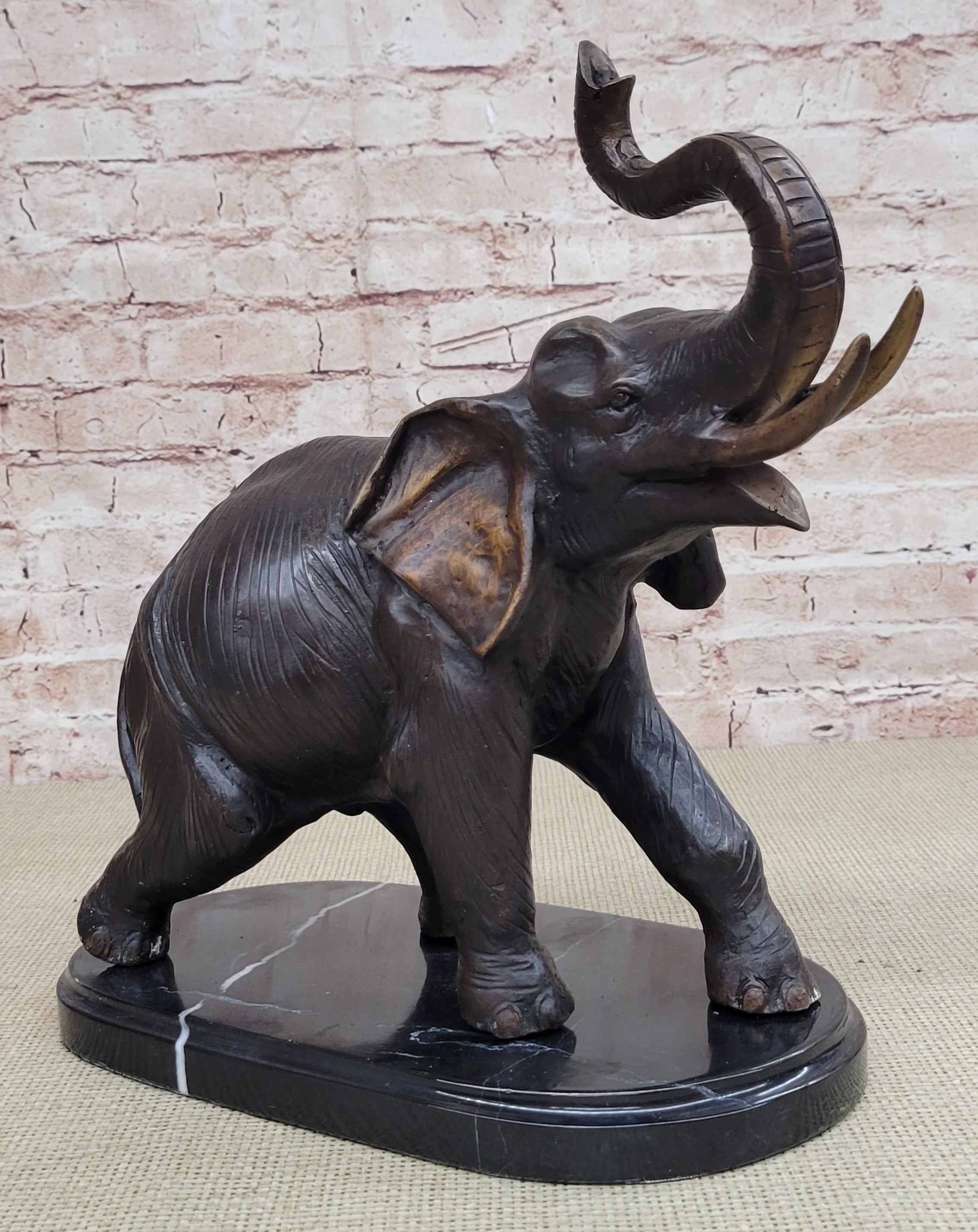 Handmade Bronze Elephant Sculpture Statue Collectible Marble Base Signed Moigniez 13" x 16"