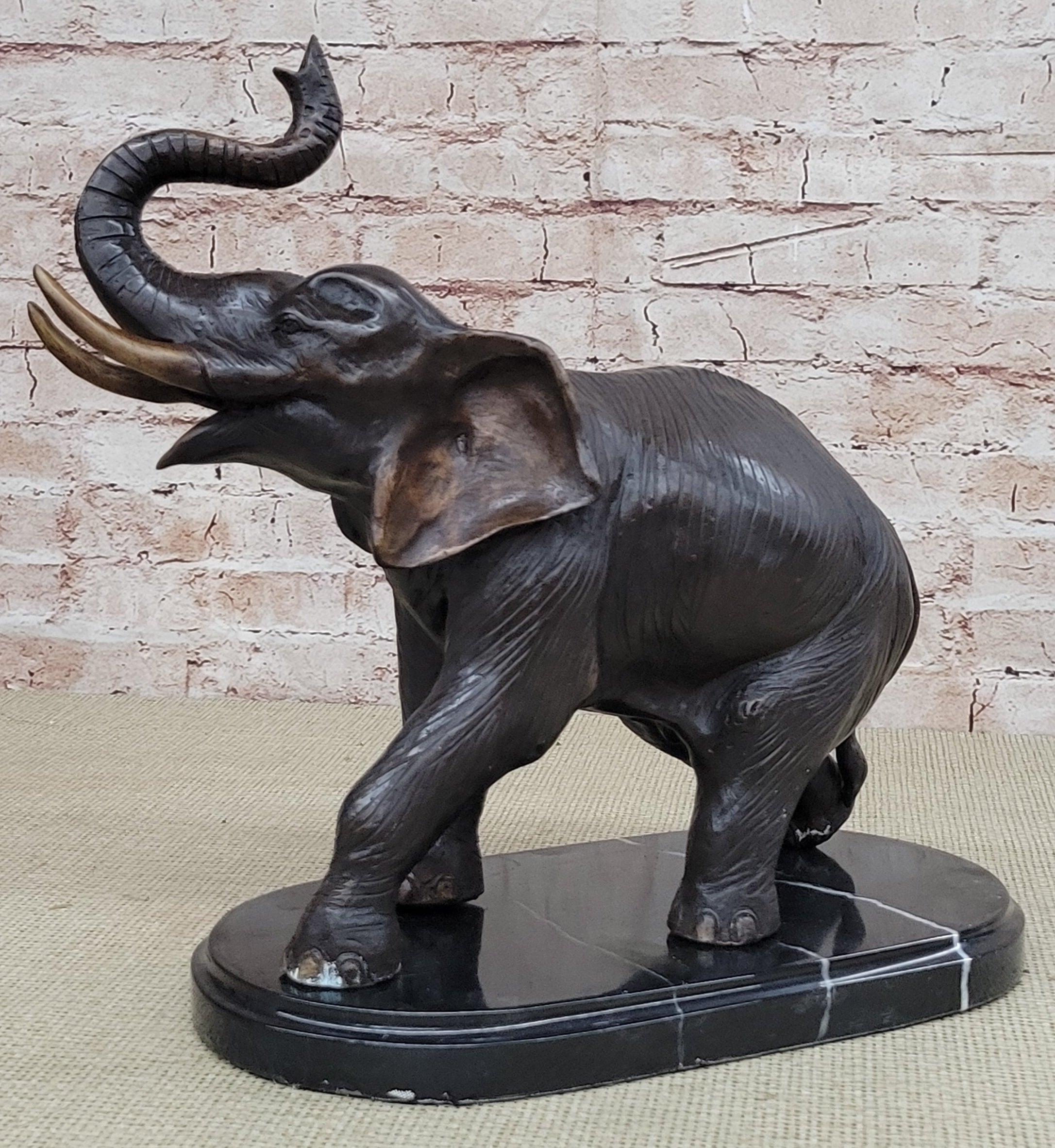 Handmade Bronze Elephant Sculpture Statue Collectible Marble Base Signed Moigniez 13" x 16"