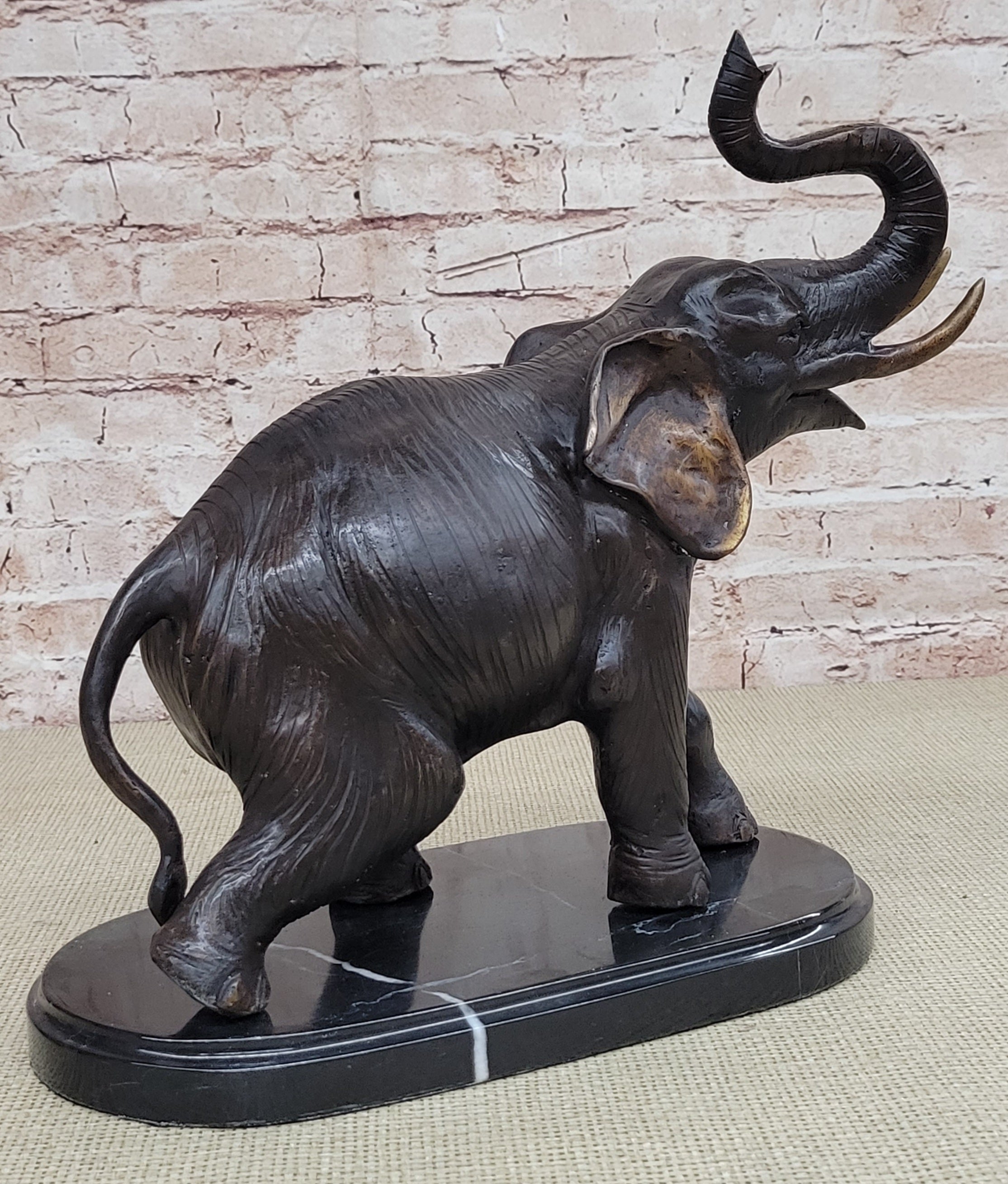 Handmade Bronze Elephant Sculpture Statue Collectible Marble Base Signed Moigniez 13" x 16"