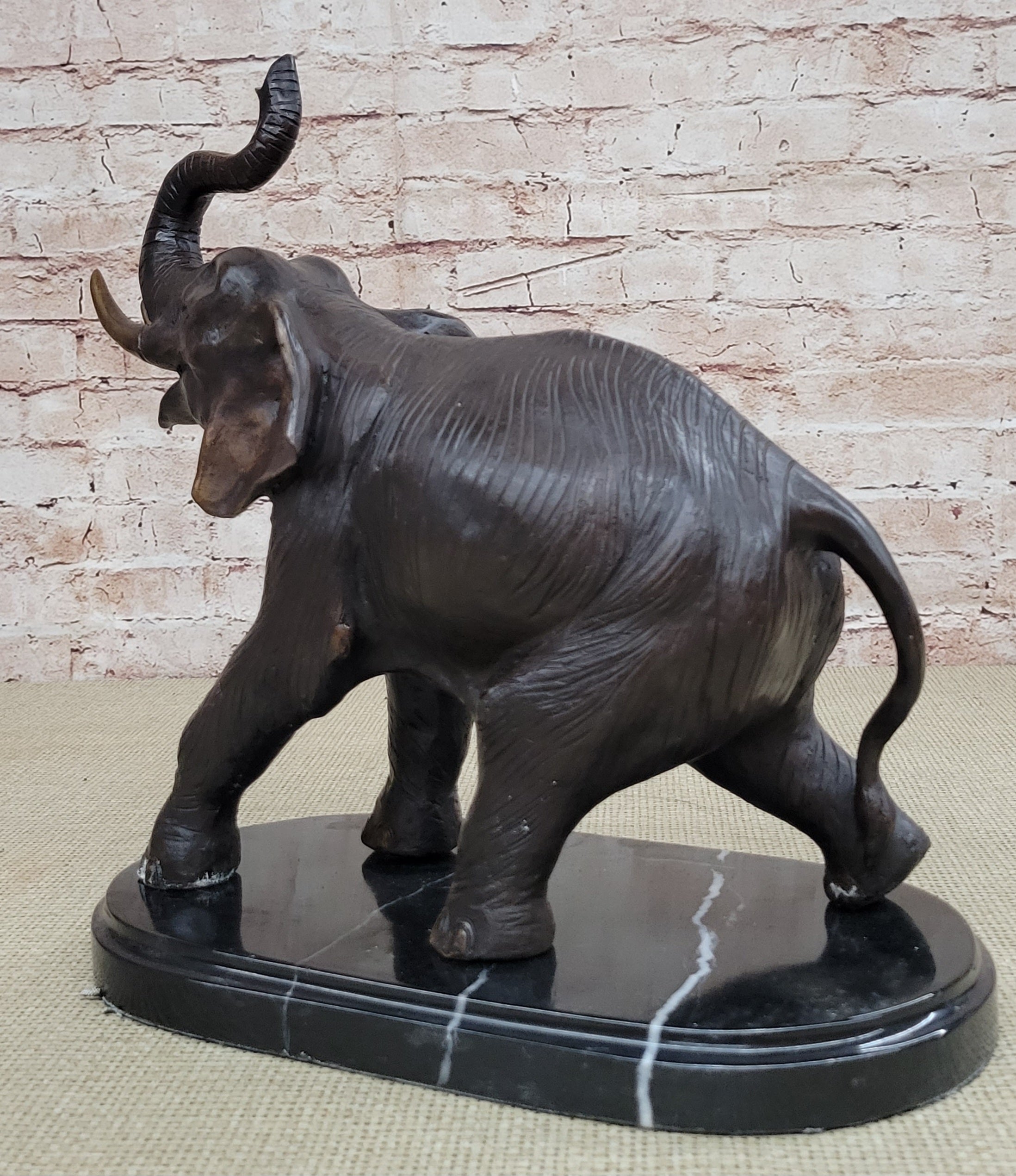 Handmade Bronze Elephant Sculpture Statue Collectible Marble Base Signed Moigniez 13" x 16"